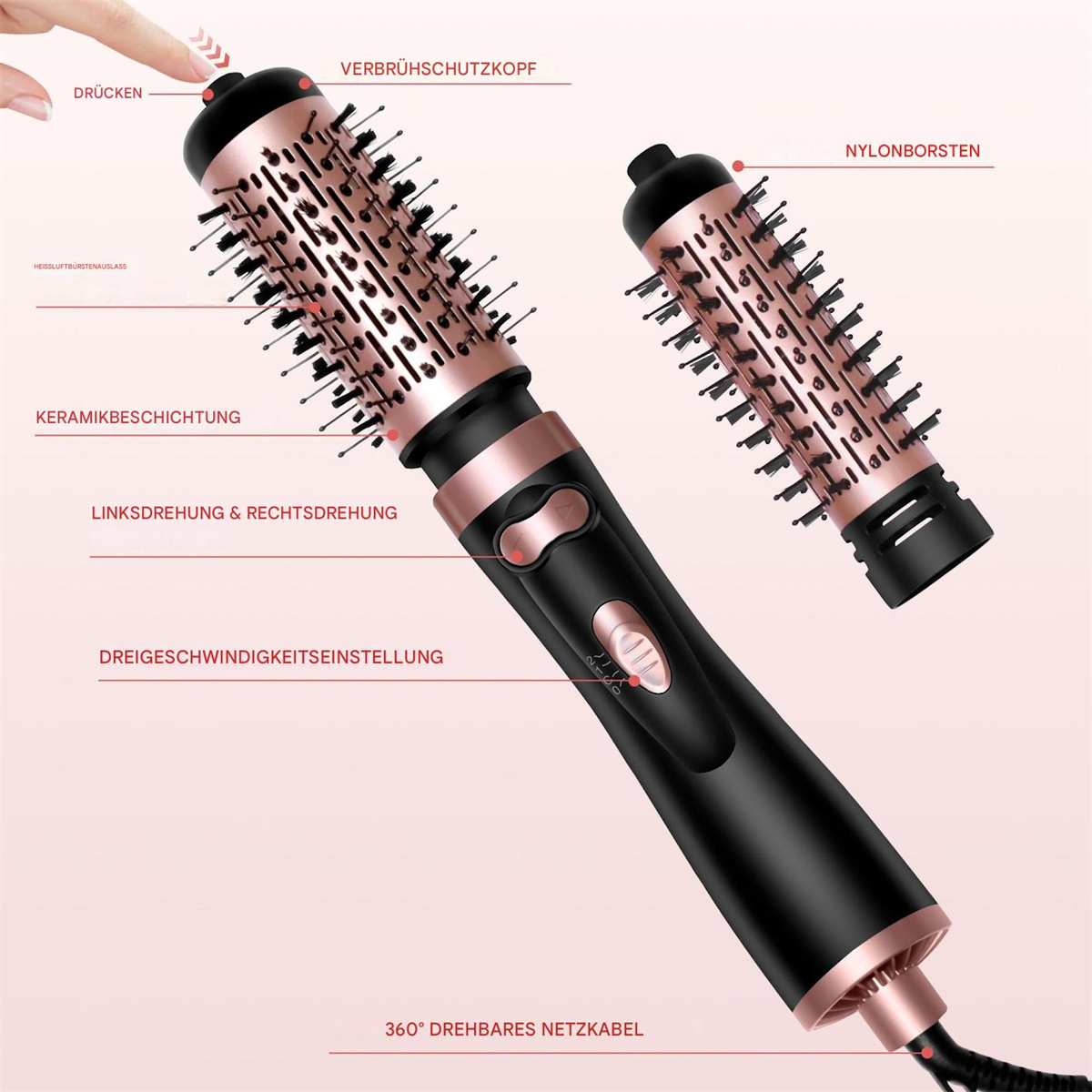 Haarstyler-Bürste mit Beschriftungen. Schwarz und Roségold. Weißer Hintergrund.