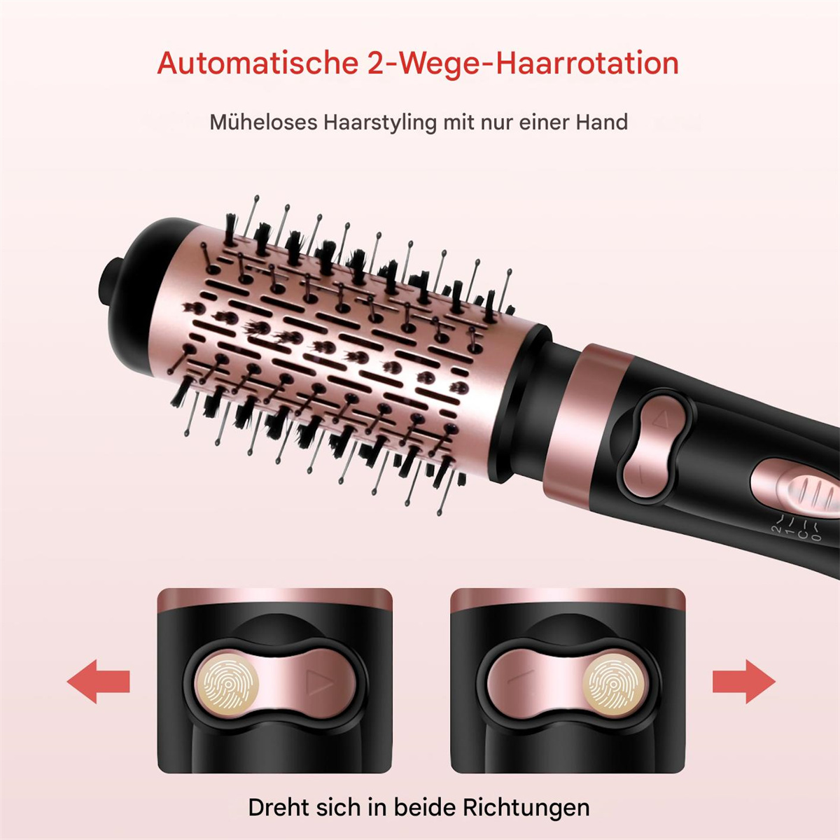 Haarstyler-Bürste, die die Drehrichtungen zeigt. Schwarz und Roségold. Weißer Hintergrund.