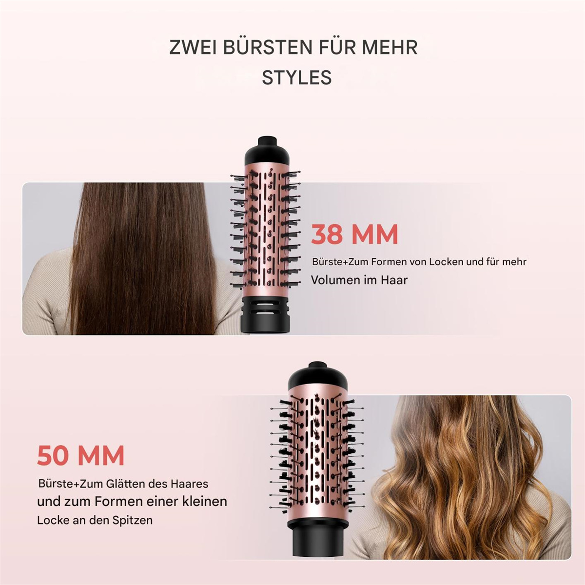 Haarstyling-Werkzeug mit zwei Aufsätzen. Einer für große, einer für kleinere Locken. Haar-Beispiele gezeigt.