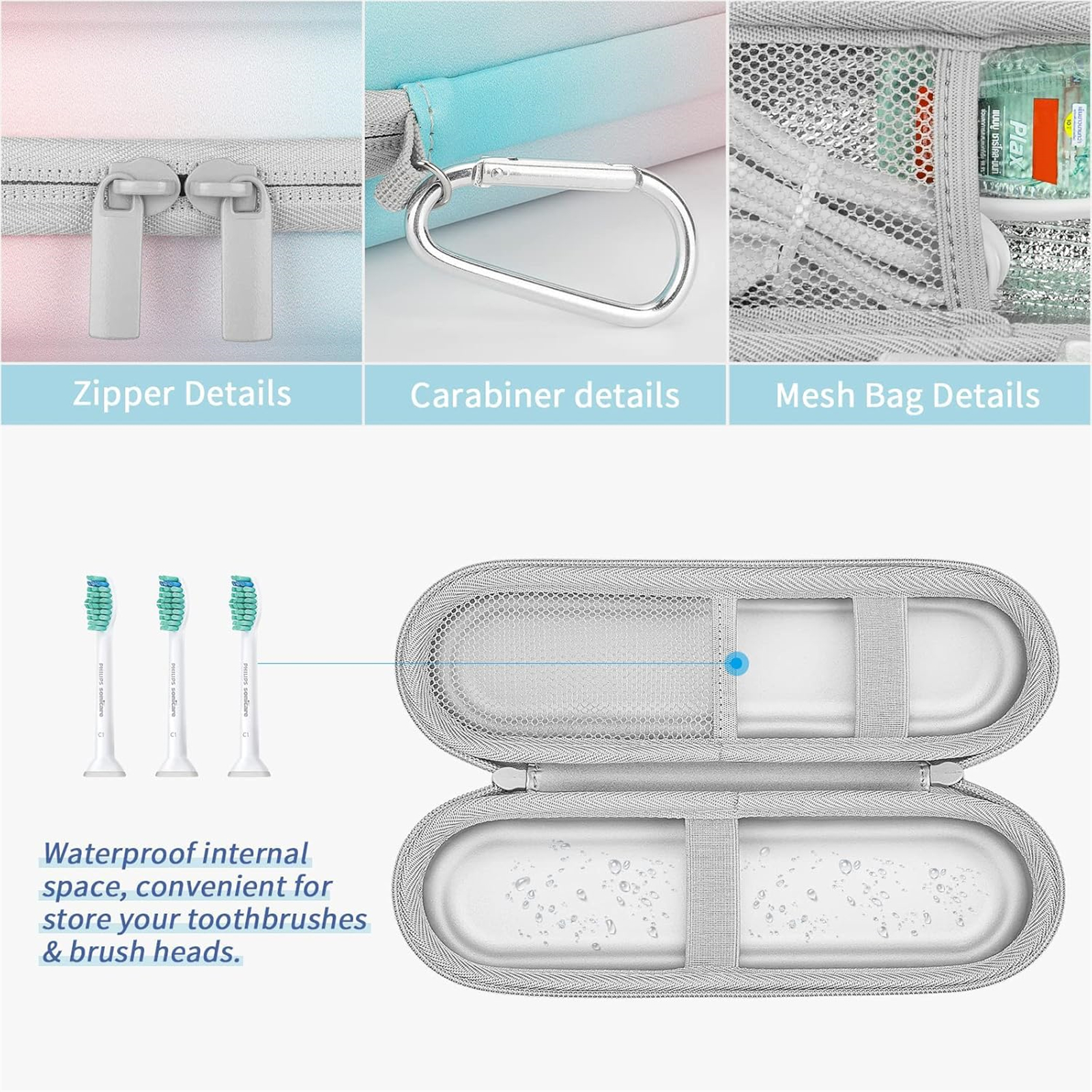 Etui mit Reißverschlüssen, Karabiner und Netzbeutel-Details. Innen Zahnbürste und Bürstenköpfe.