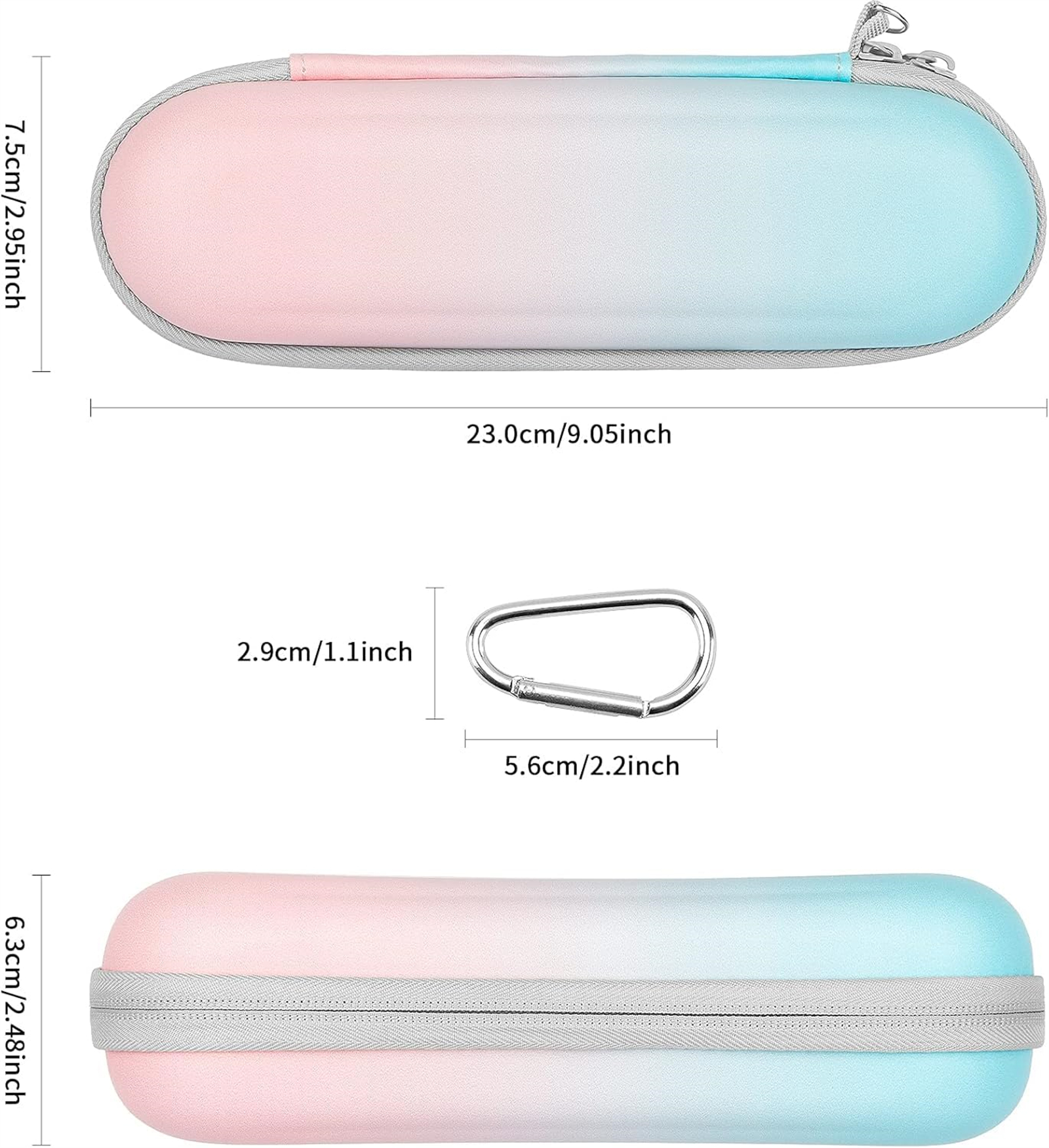 Rosa-blaues Etui mit Maßen: 23,0 cm/9,05 Zoll, 7,5 cm/2,95 Zoll, 6,3 cm/2,48 Zoll. Karabiner.