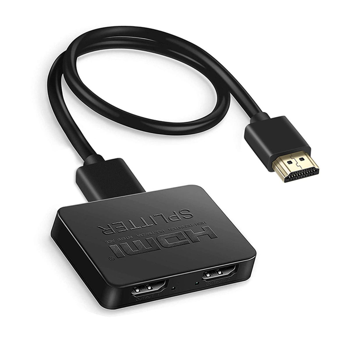 Ein schwarzer HDMI-Splitter mit zwei Ausgangsanschlüssen und einem angeschlossenen Kabel.