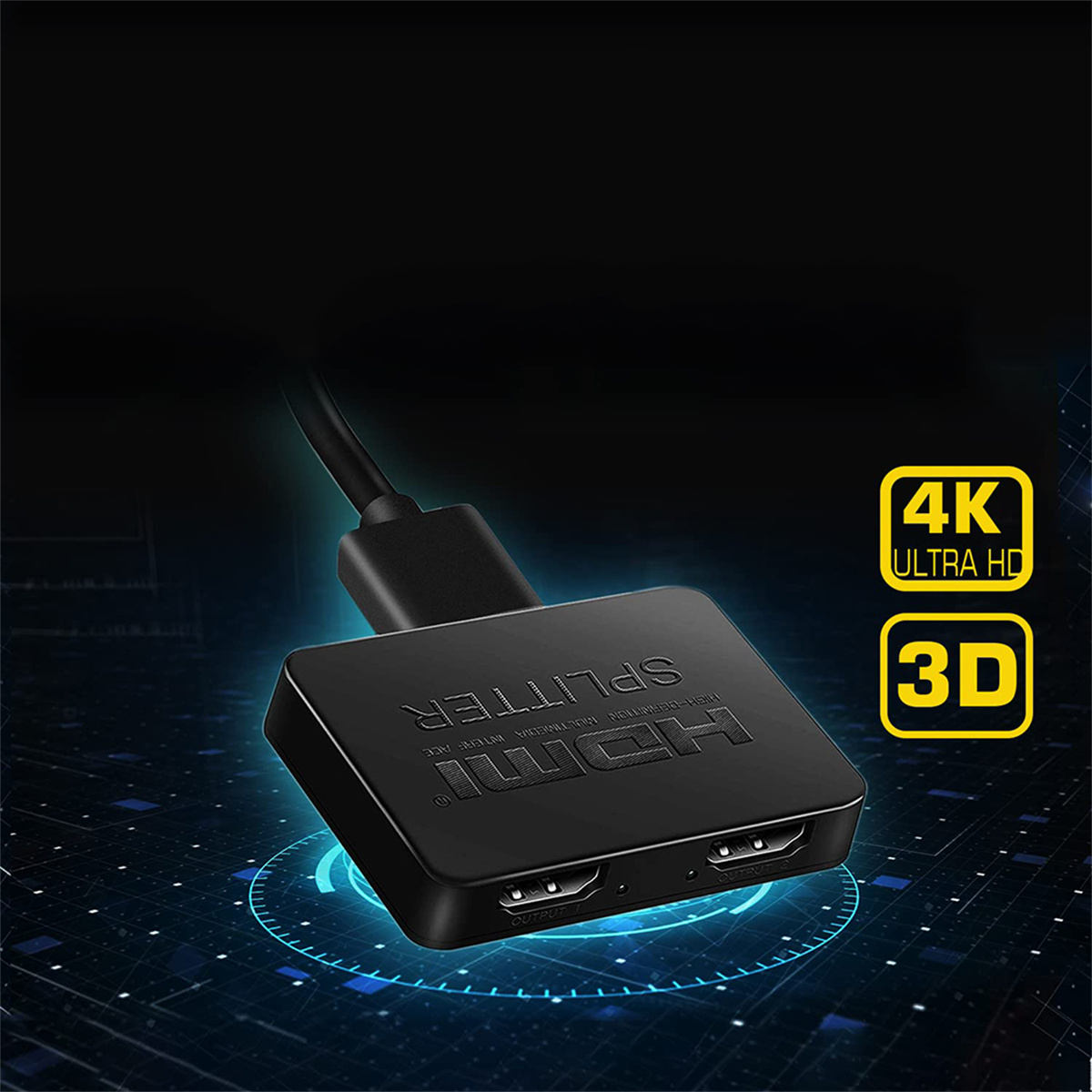 Ein schwarzer HDMI-Splitter mit 4K- und 3D-Etiketten und blauem Hintergrund.