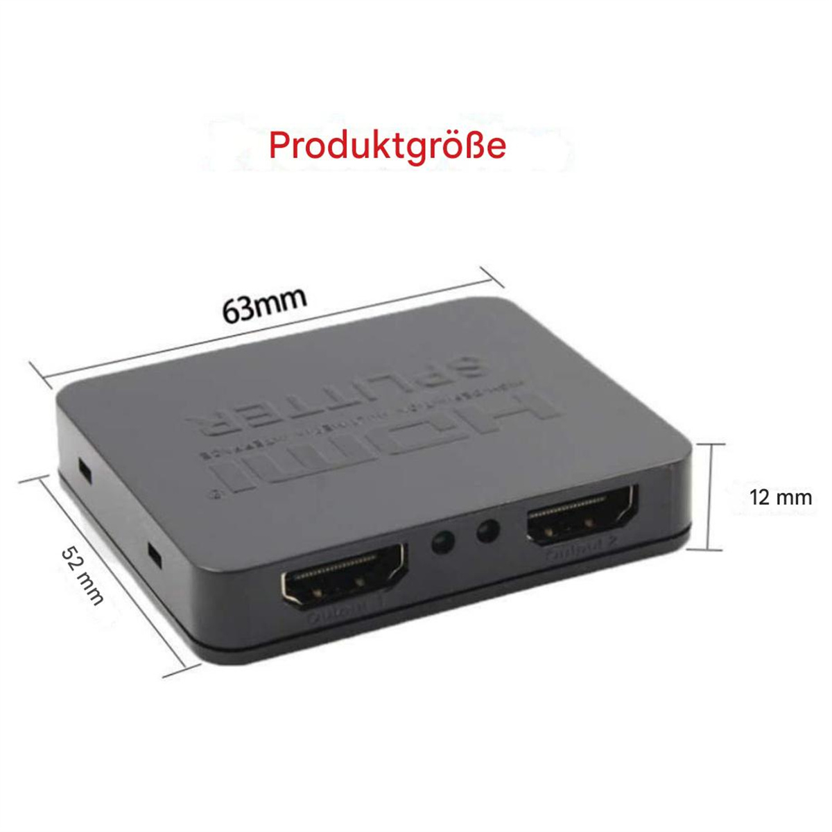 Schwarzer HDMI-Splitter mit den Maßen 63 mm x 52 mm x 12 mm.