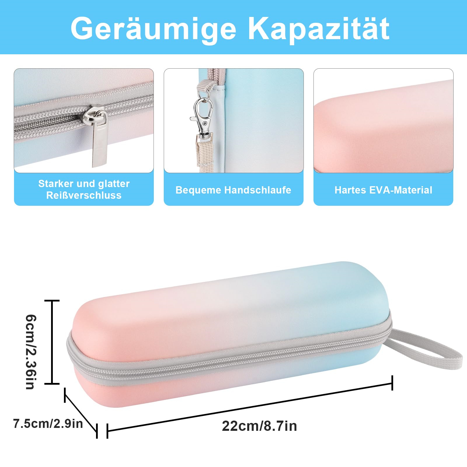 Ein rosa-blaues Zahnbürstenetui mit Reißverschluss. Abmessungen sind in cm und Zoll angegeben.
