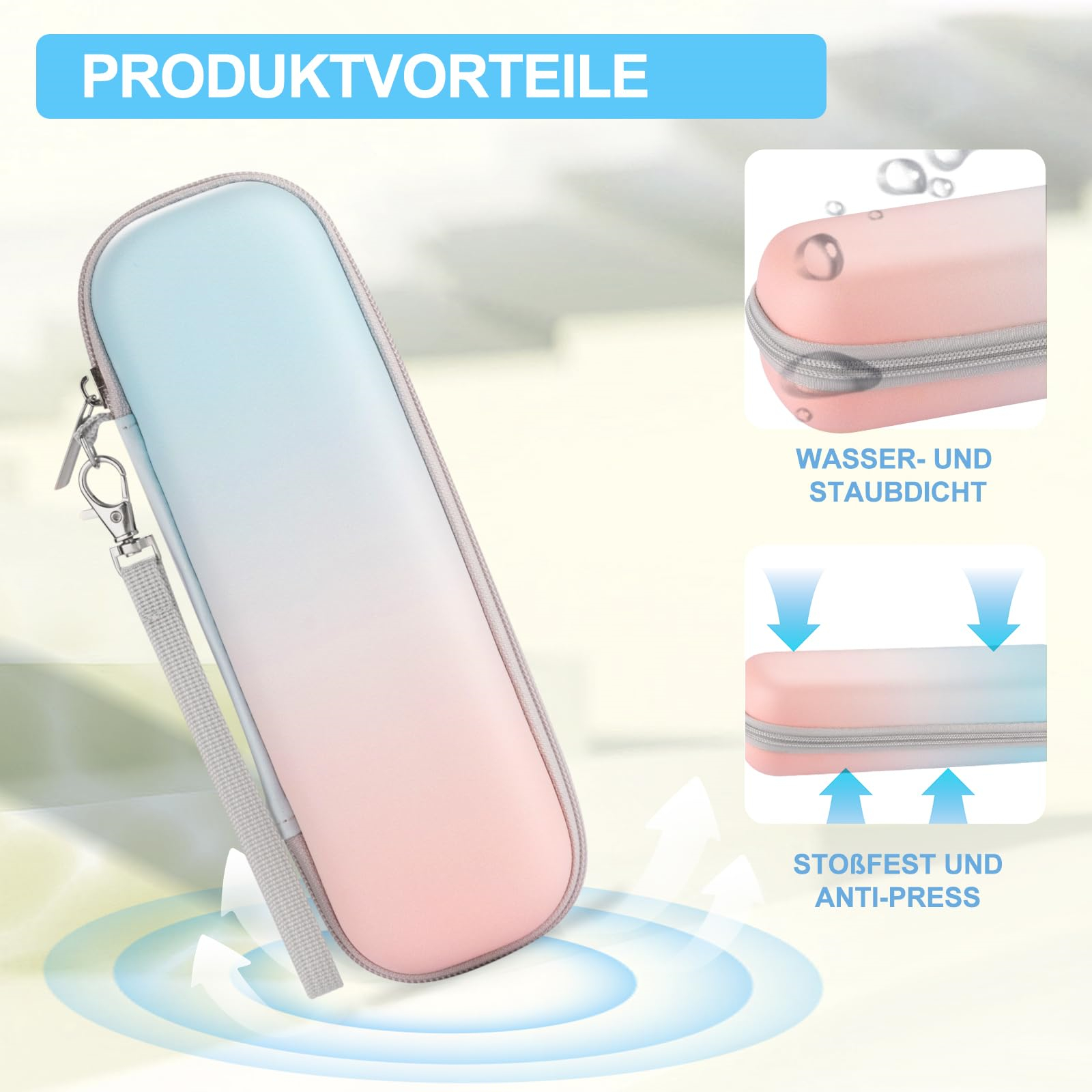 Eine rosa-blaue Zahnbürstenhülle mit Funktionen: wasserdicht, staubdicht und stoßfest.