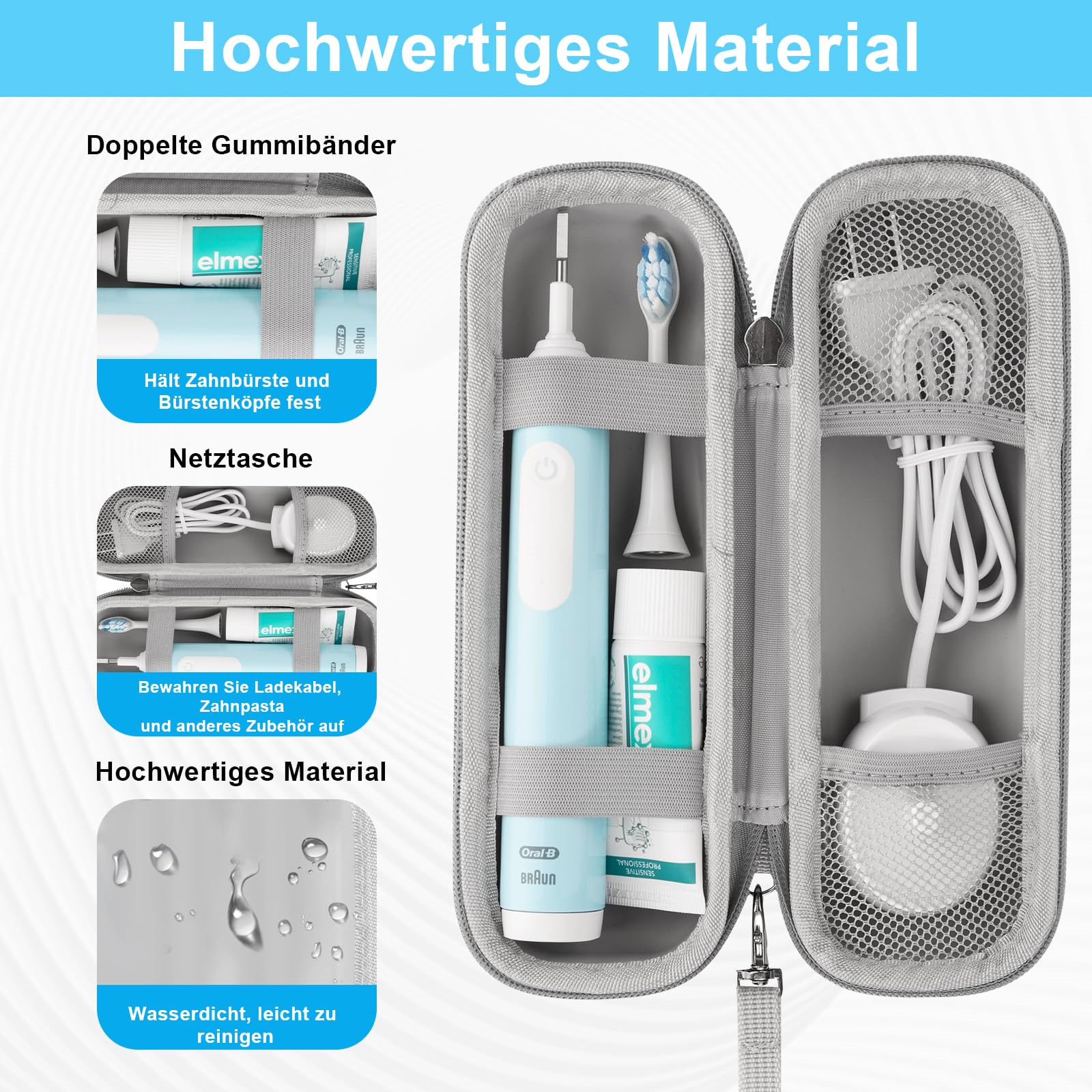 Geöffnete Zahnbürstenhülle mit Zahnbürste, Zahnpasta, Ladegerät und Kabel. Grauer Innenraum, metallische Außenseite.