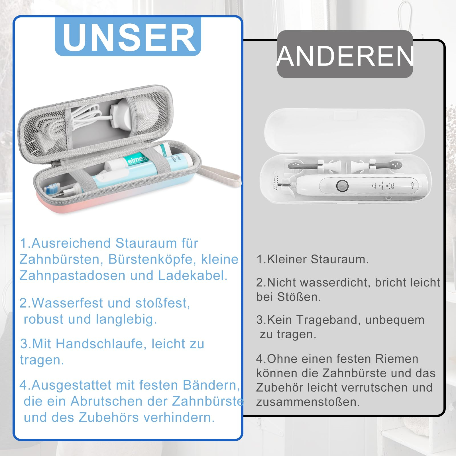 Vergleich: Etui mit Zahnbürste vs. Etui ohne. Etui hat Zahnbürste, Zahnpasta und Ladegerät.