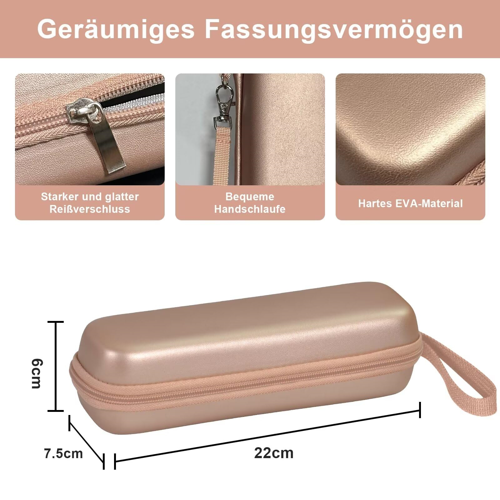 Eine goldfarbene Zahnbürstenhülle mit Reißverschluss. Abmessungen sind in cm angegeben.