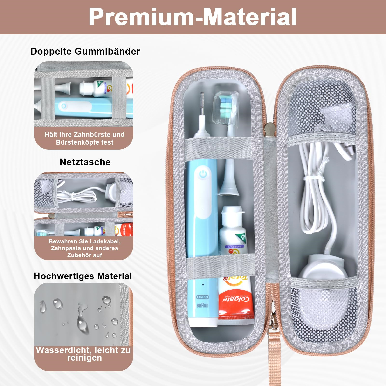 Geöffnete Reiseetui mit Zahnbürste, Zahnpasta und Ladegerät, sowie einer Netztasche mit Artikeln.