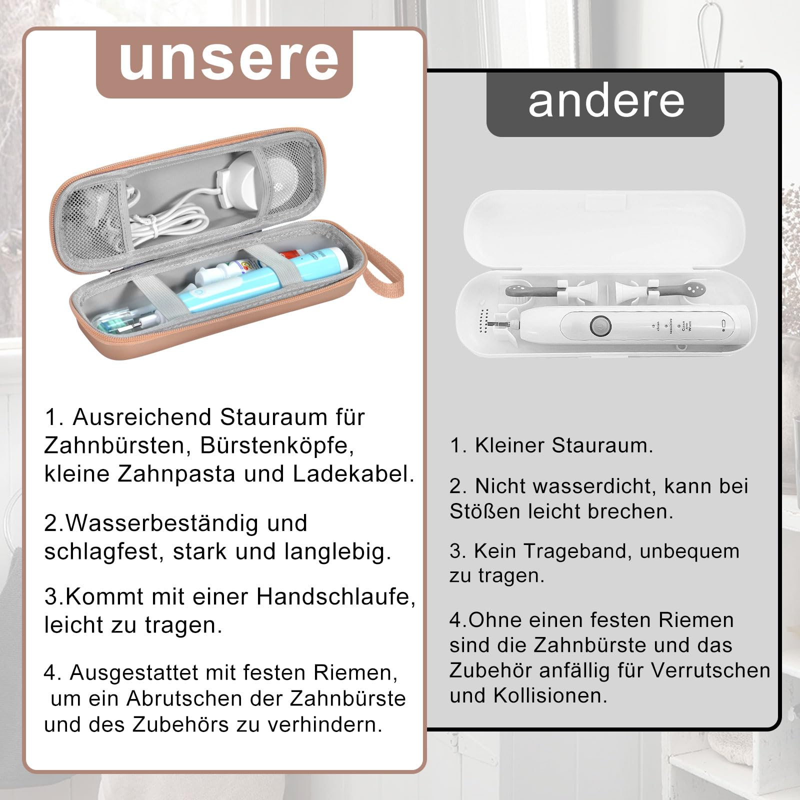 Vergleich: Etui mit Zahnbürste vs. Etui ohne. Etui hat Zahnbürste, Zahnpasta und Ladegerät.