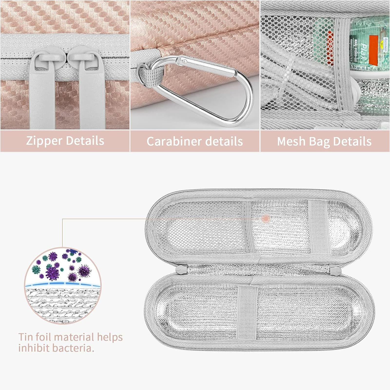 Details eines Etuis: Reißverschluss, Karabiner, Netz und Zinnfolienmaterial für Bakterien.