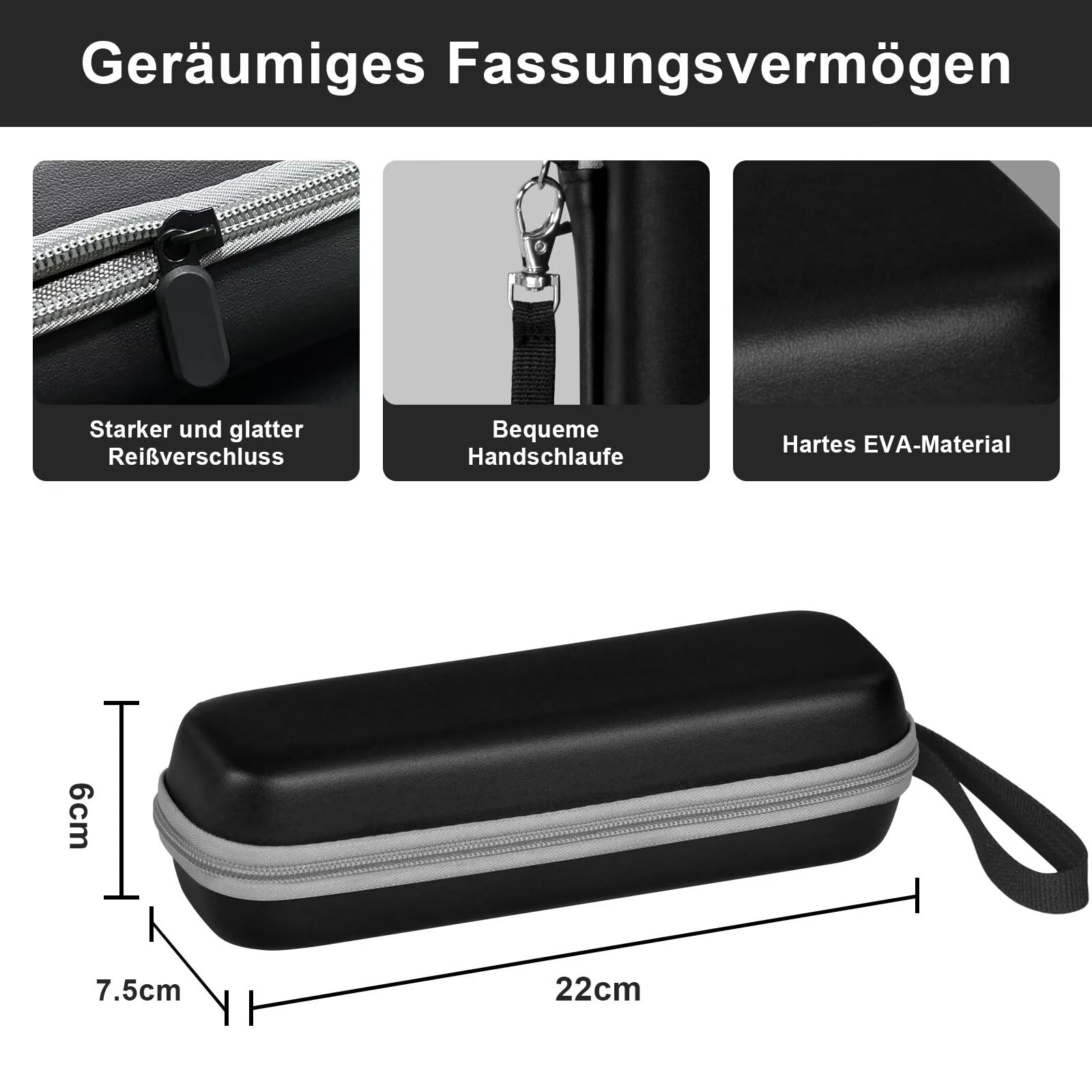 Schwarzes Etui mit Reißverschluss. Text: 'Geräumiges Fassungsvermögen'.