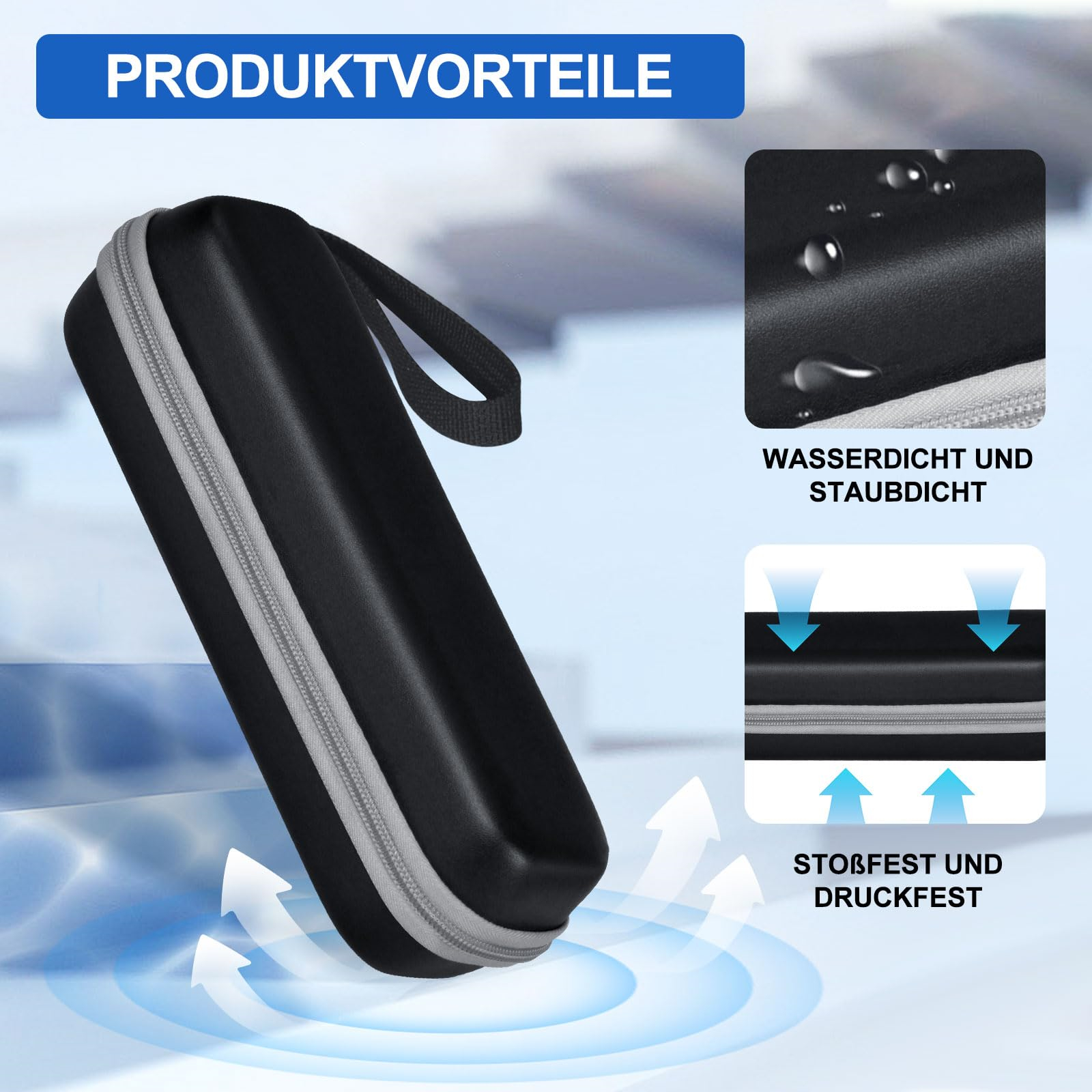 Schwarzes Etui mit Reißverschluss. Es hat einen Griff und ein Bild mit Produkteigenschaften.