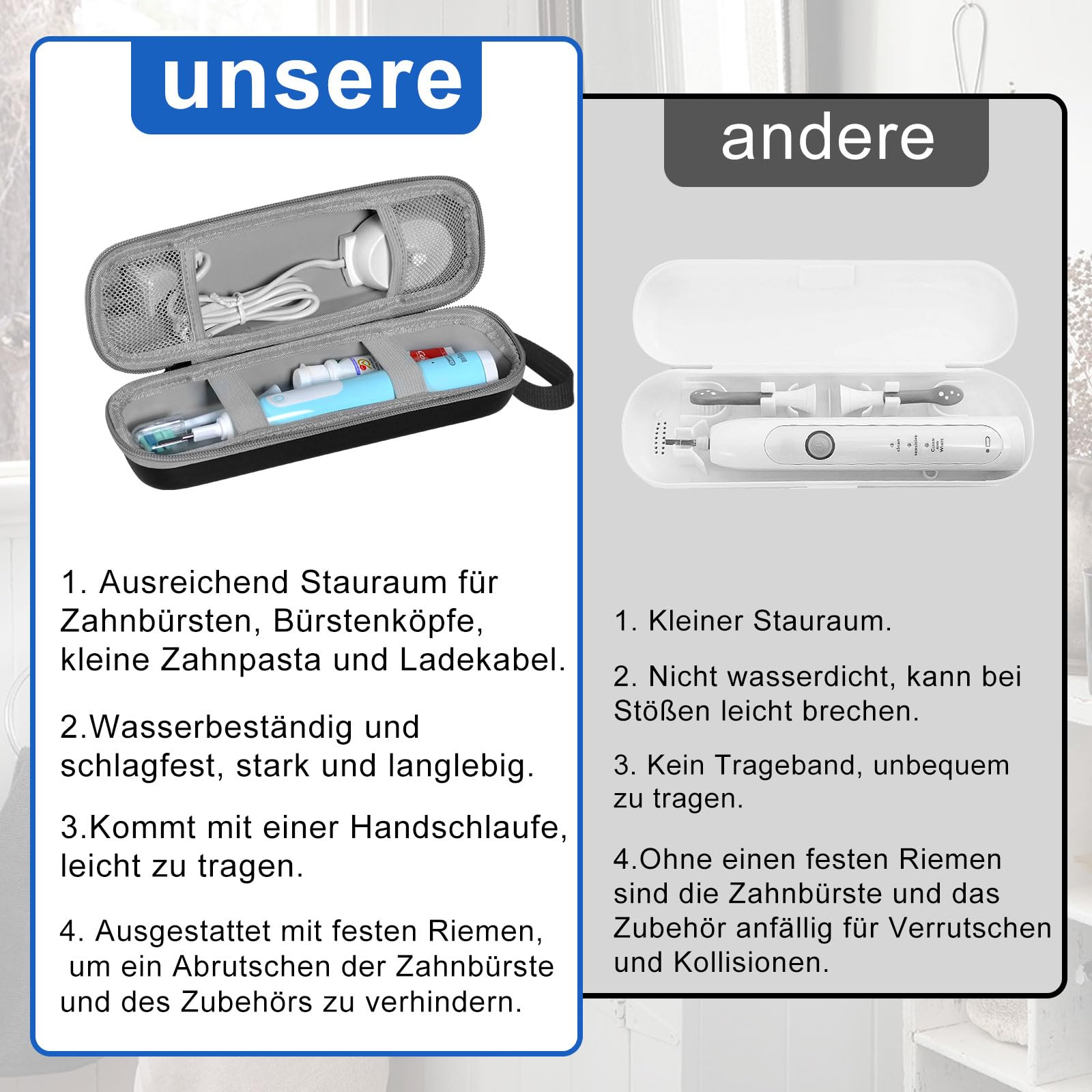 Zwei Etuis mit Zahnbürsten. Eines zeigt die Eigenschaften eines Etuis, das andere listet, was fehlt.
