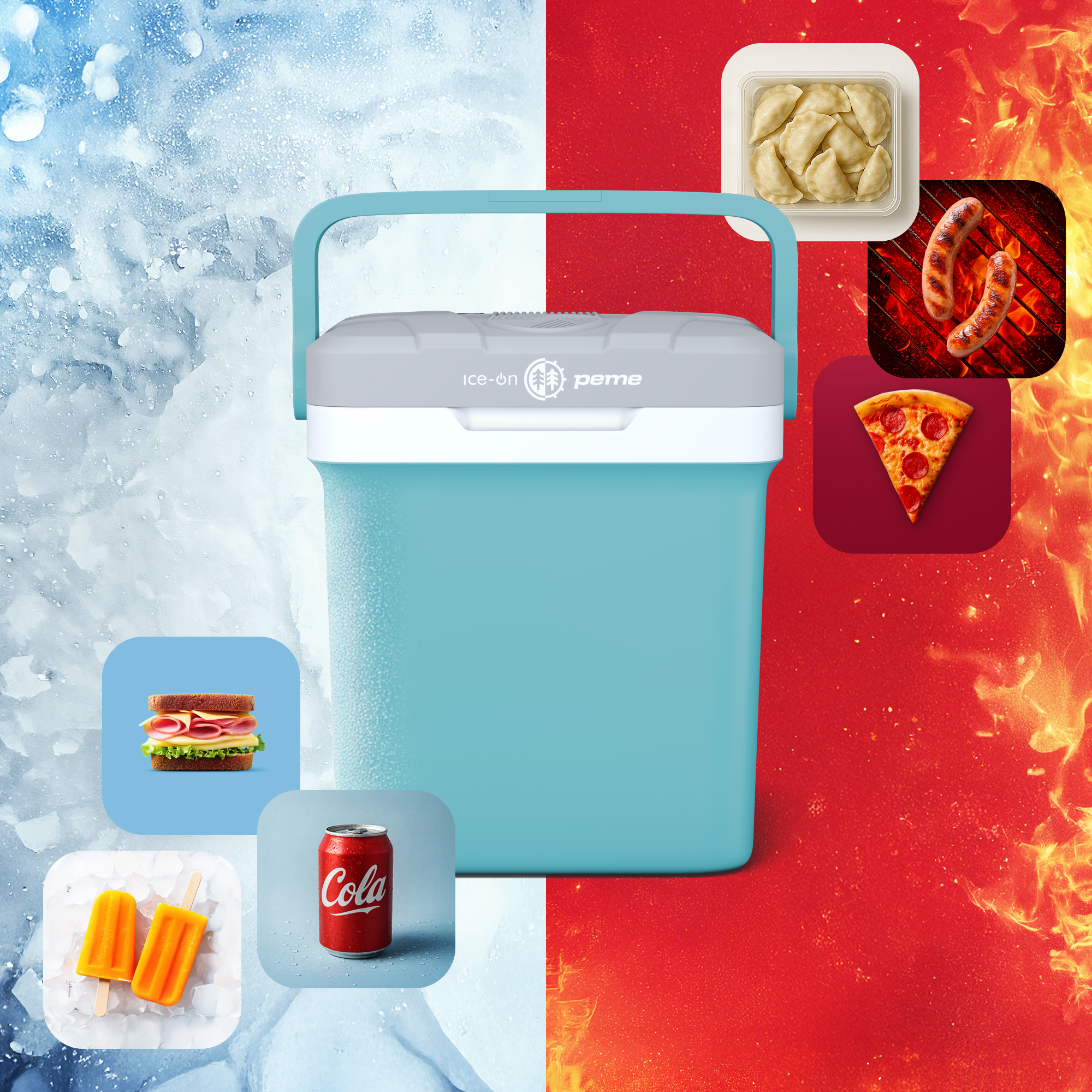 Una nevera portátil con comida y bebidas, sobre un fondo dividido en azul y rojo.