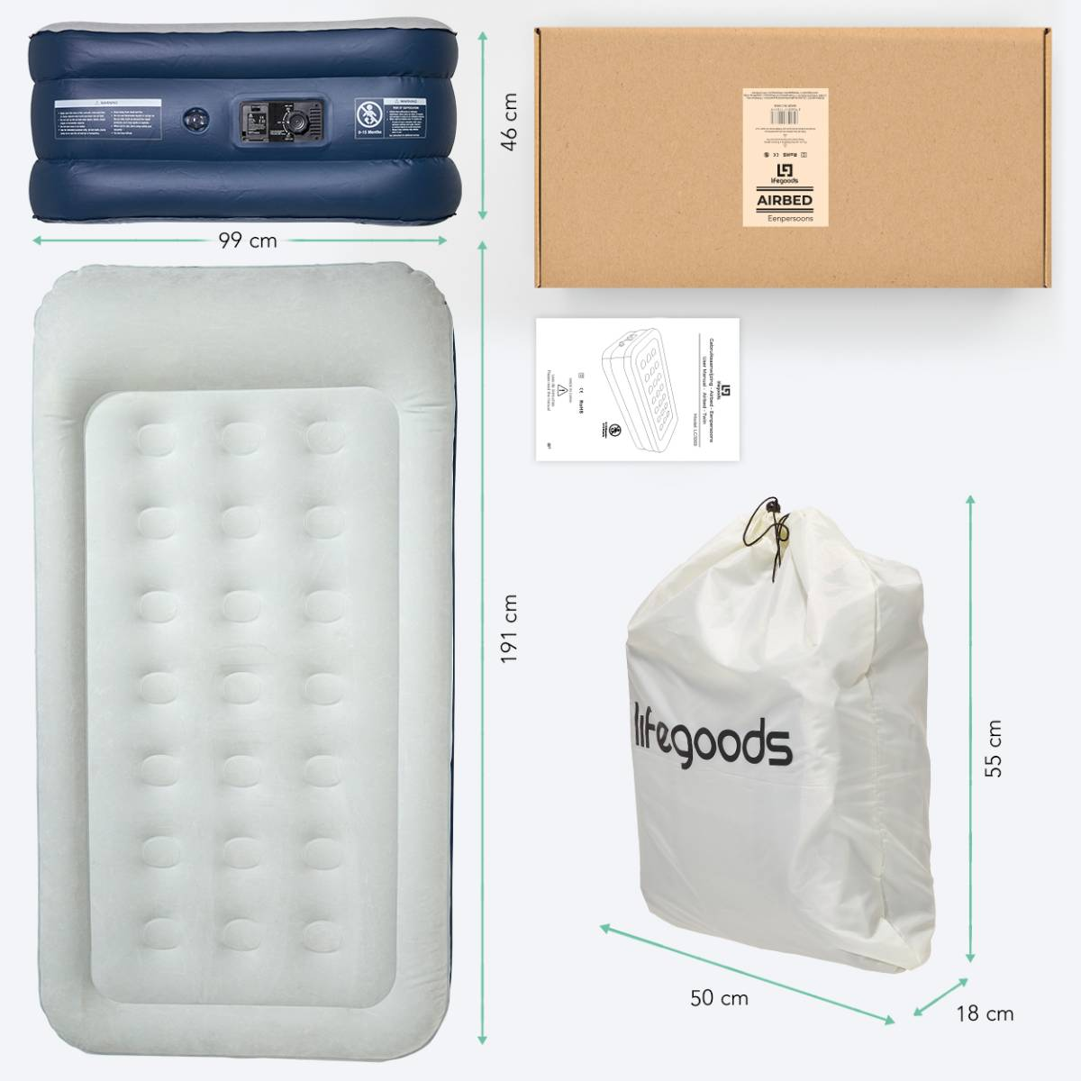 Een luchtmatras met afmetingen, samen met een doos, een instructievel en een opbergtas.