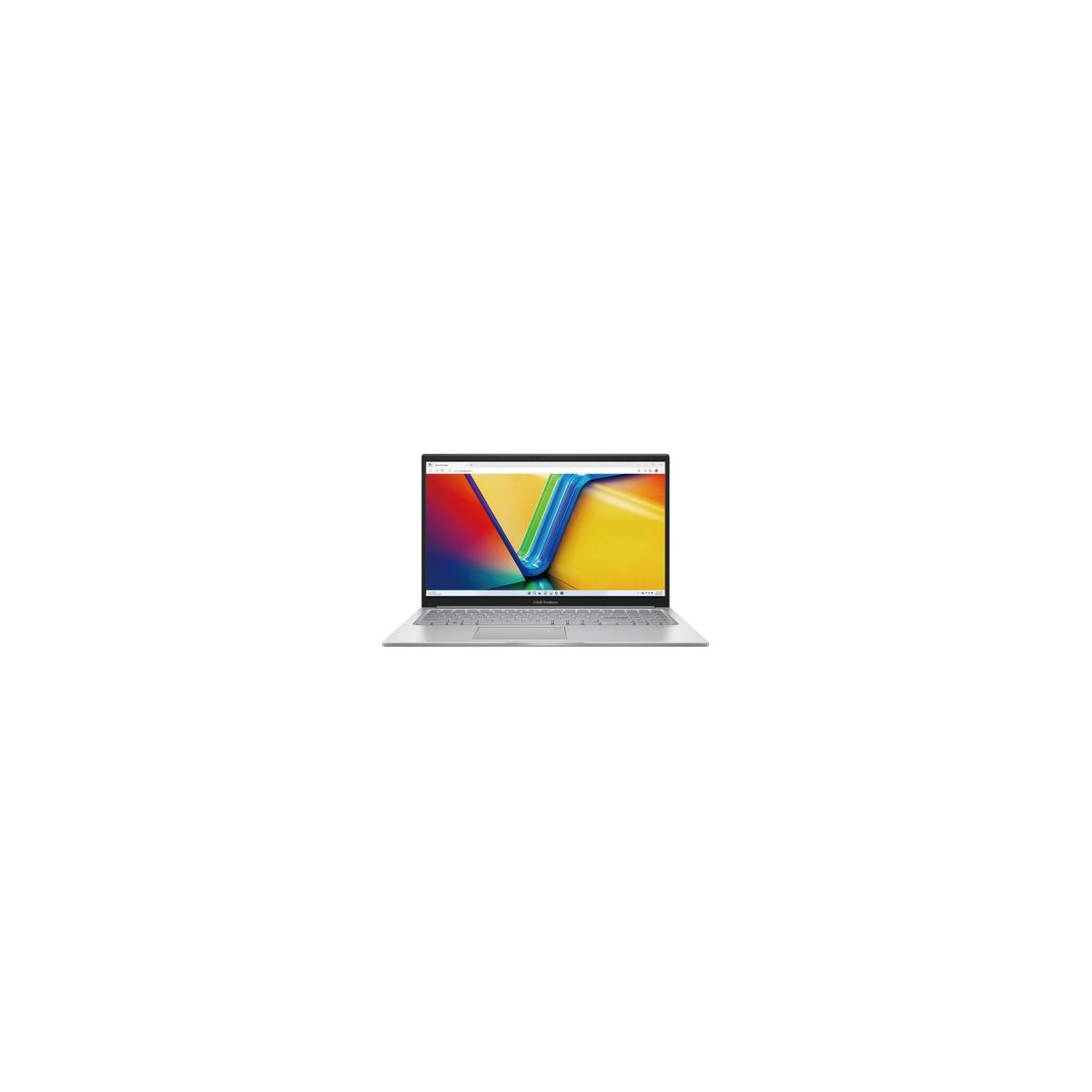 Un laptop argentato mostra un'immagine astratta colorata. Il laptop è centrato su uno sfondo bianco.