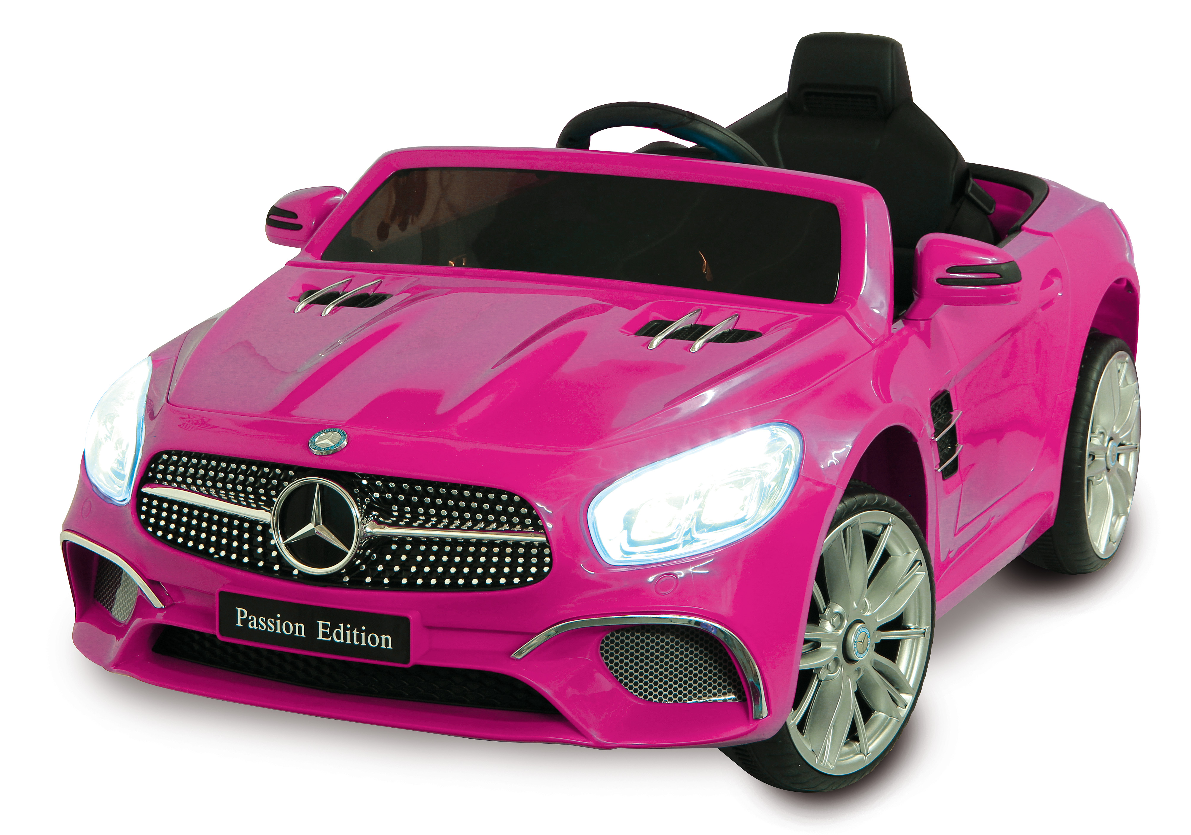 Rosa Mercedes-Benz SL400 Spielzeugauto mit Scheinwerfern auf weißem Grund.