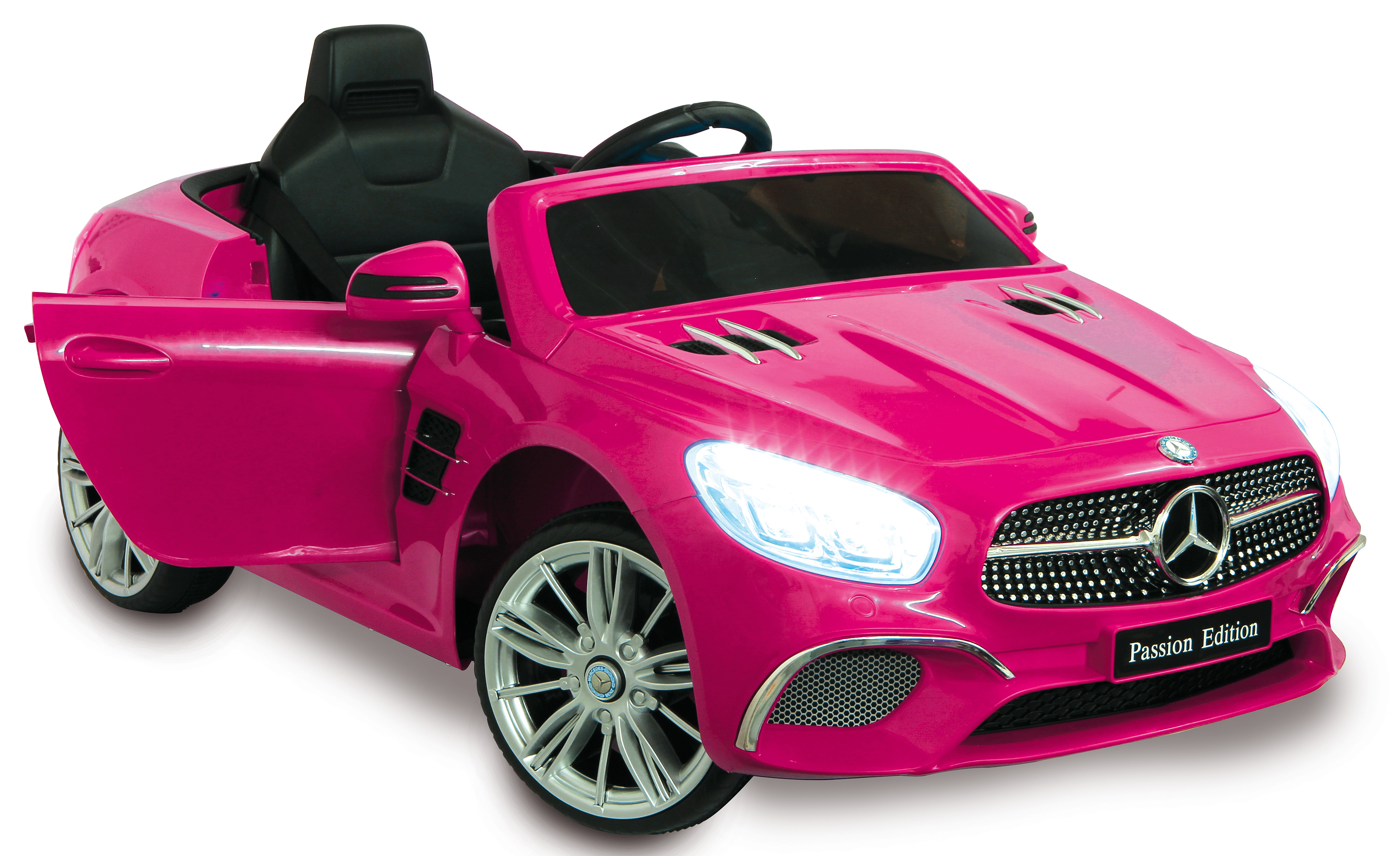 Rosa Spielzeugauto mit offener Tür. Silberne Räder. Weißer Hintergrund.