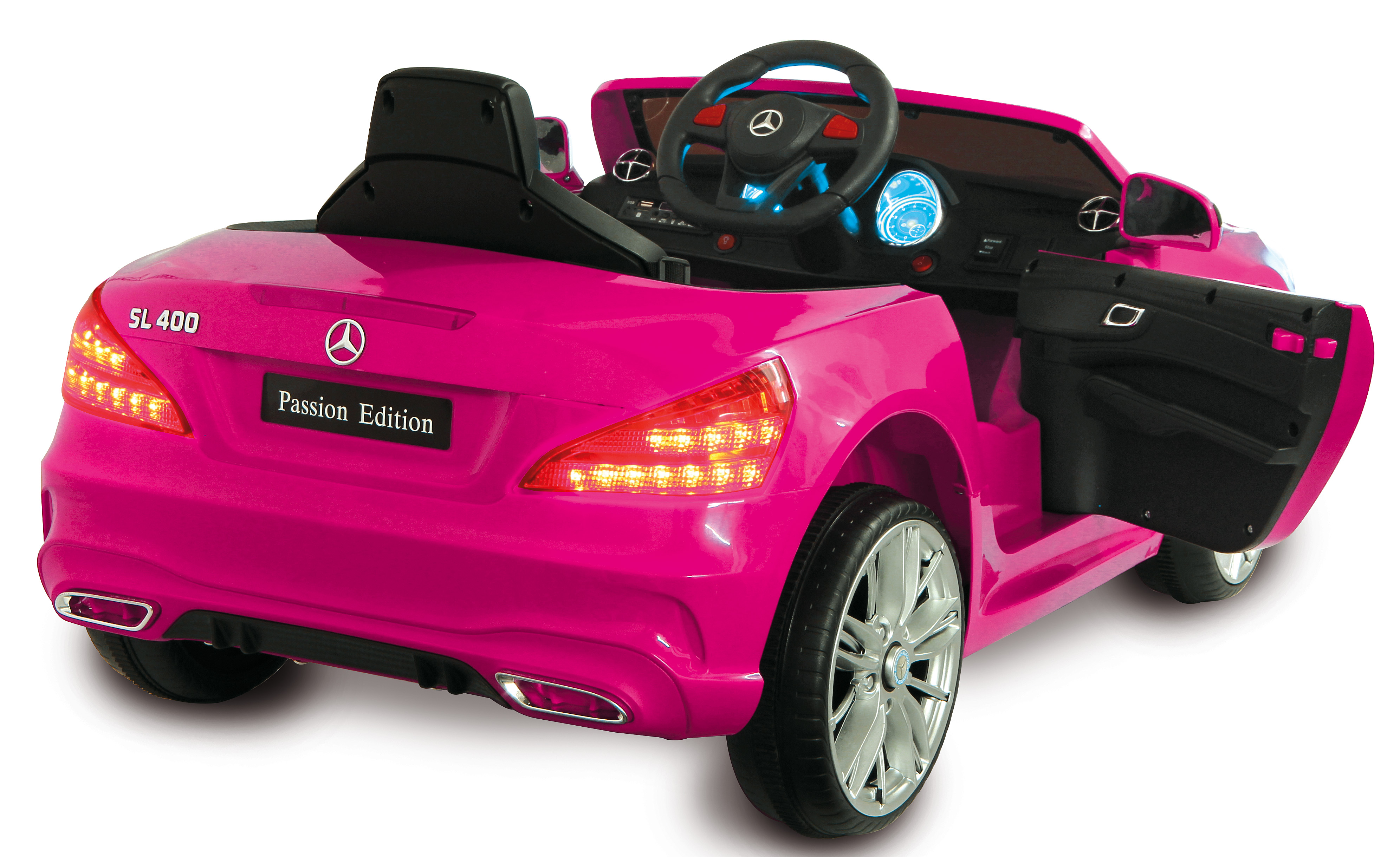 Rosa Mercedes SL400 Spielzeugauto, Rückansicht, mit offenen Türen und Lichtern.