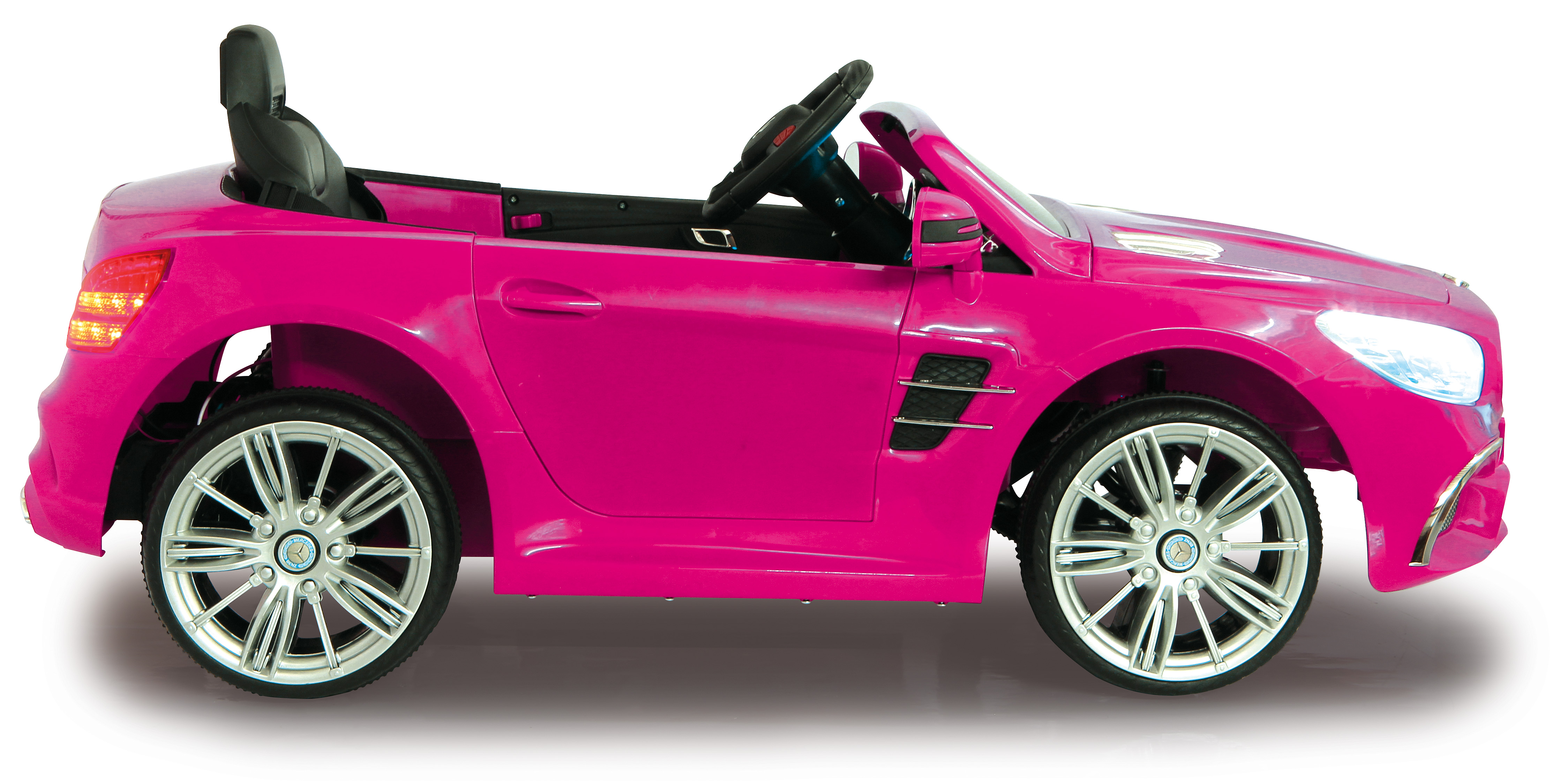 Seitenansicht eines rosa Mercedes SL400 Spielzeugautos auf weißem Grund.