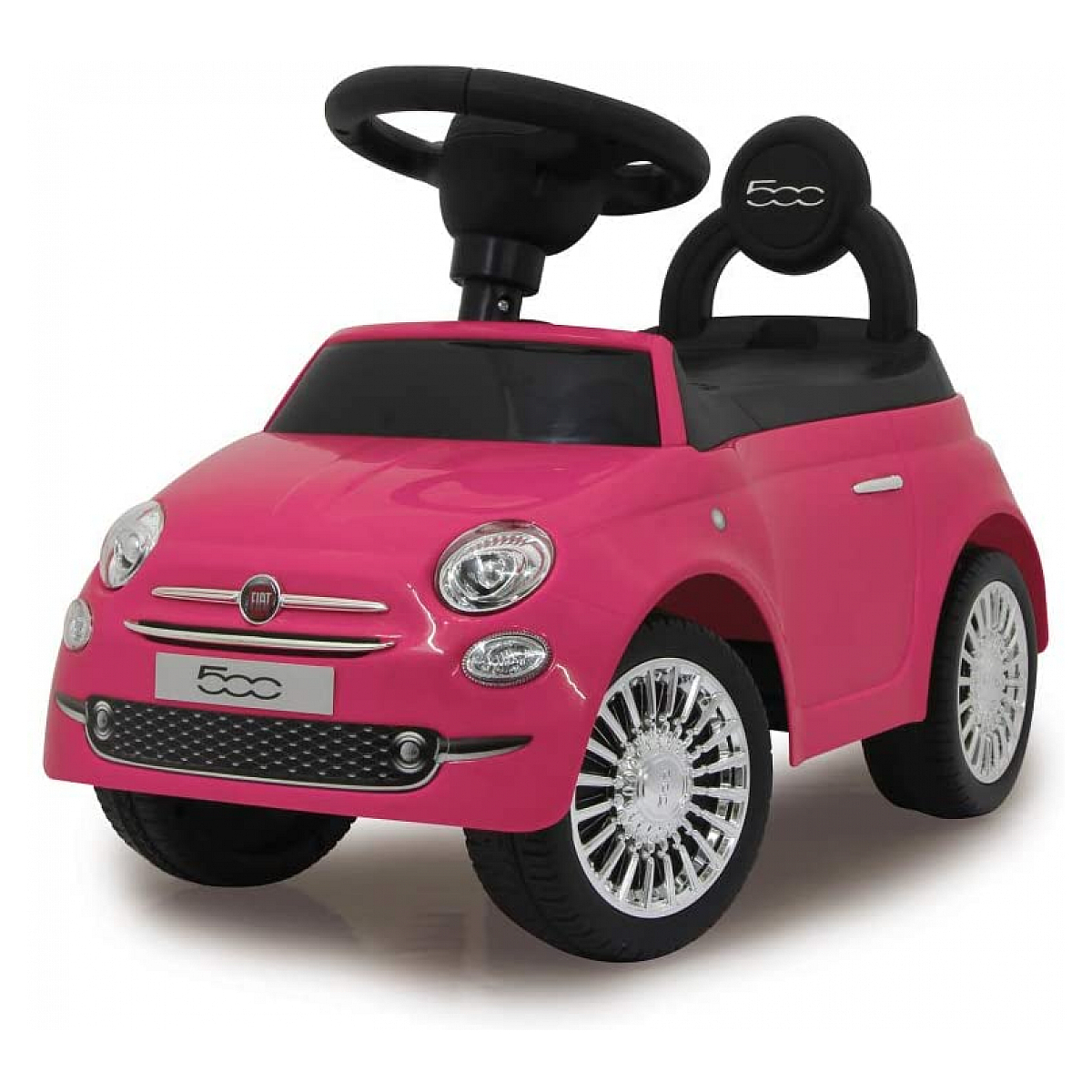 Macchina giocattolo rosa con volante nero. Ruote argentate. Sfondo bianco.