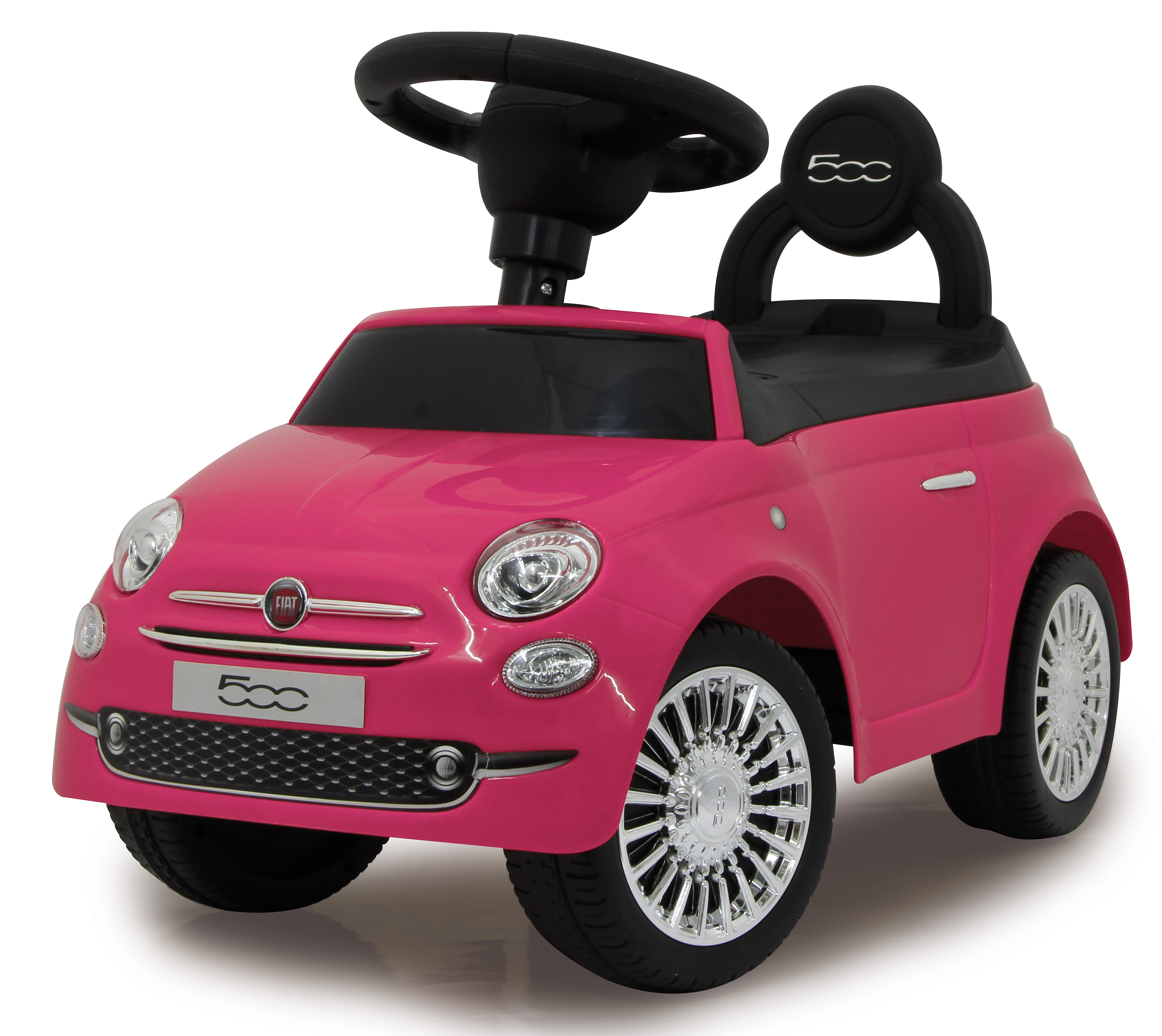Macchina giocattolo rosa, modello Fiat 500. Isolato su sfondo bianco. Vista frontale. Ruote lucide, volante nero.