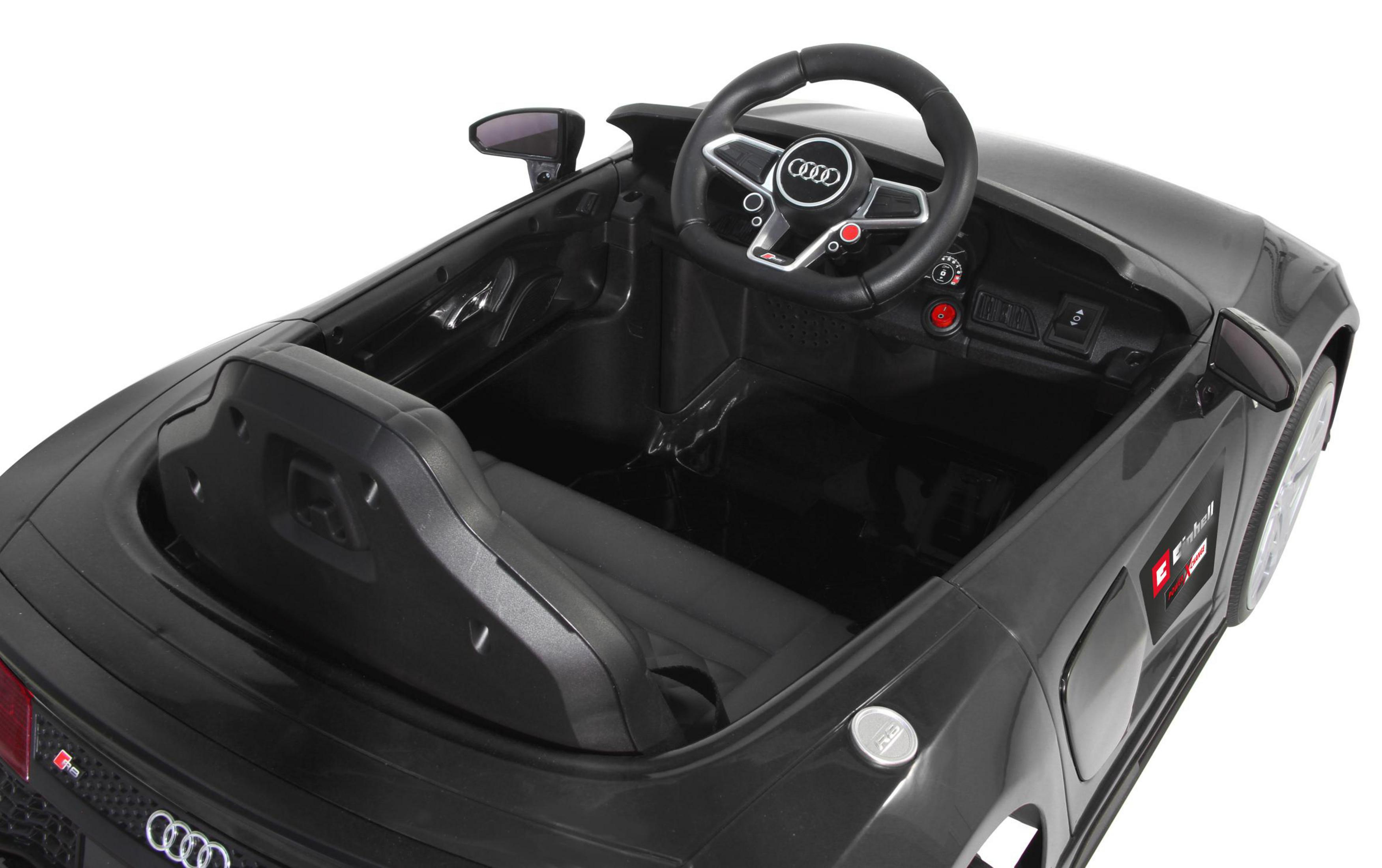 Schwarzes Spielzeugauto-Interieur, Audi R8-Modell. Isoliert auf weißem Hintergrund. Draufsicht.