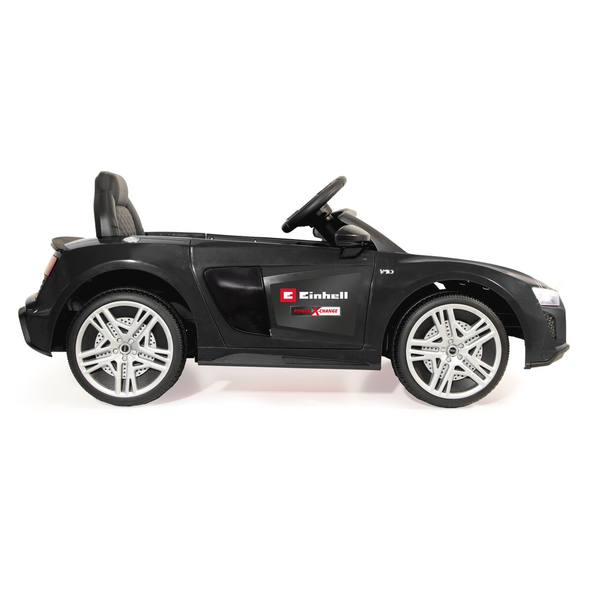 Schwarzes Spielzeugauto, Audi R8-Lookalike. Isoliert auf weißem Hintergrund. Seitenansicht. Klare Details.