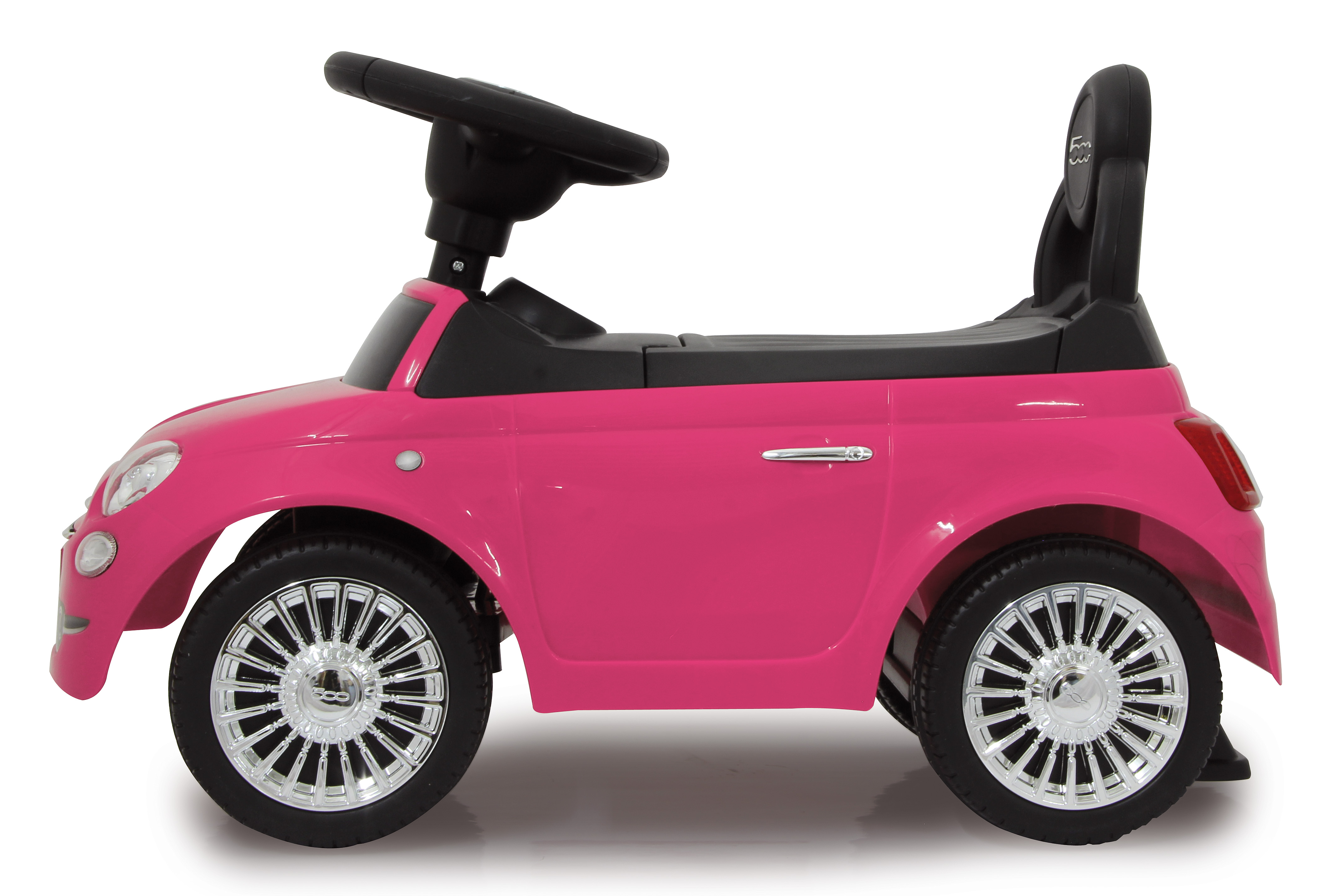 Macchina giocattolo rosa. Sedile nero, volante nero e barra nera dietro il sedile.