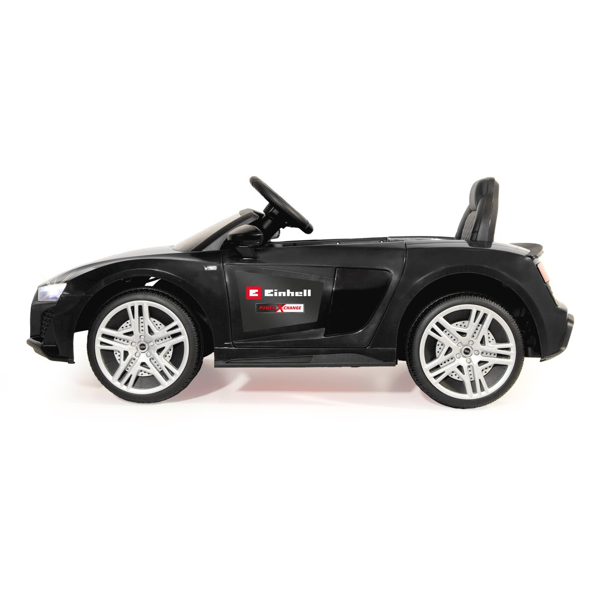 Schwarzes Audi R8 Spielzeugauto. Das Auto hat eine schwarze Innenausstattung und schwarze Räder.