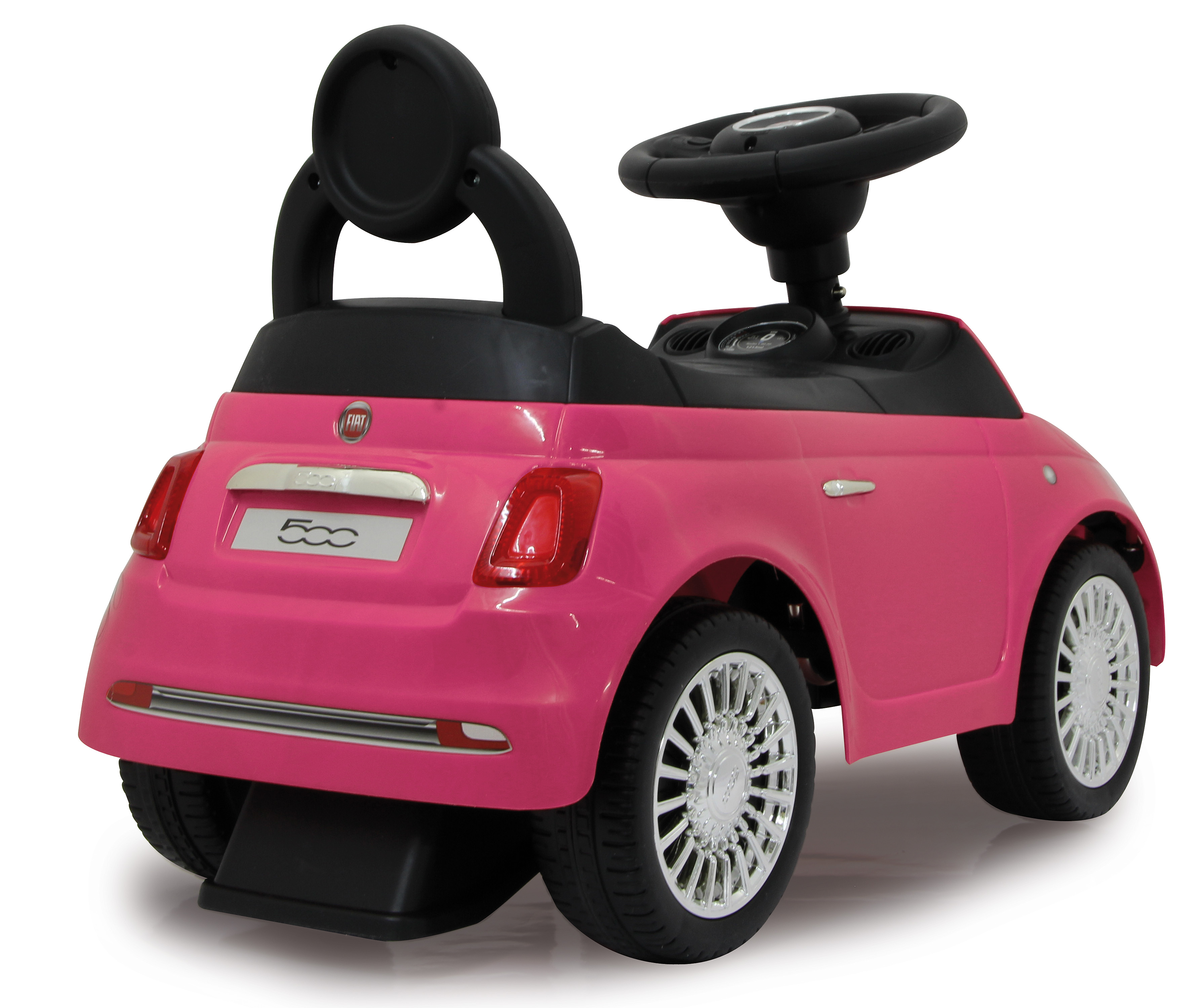Macchina giocattolo rosa, Fiat 500, vista posteriore. Maniglia e sedile neri. Ruote argentate. Sfondo bianco.