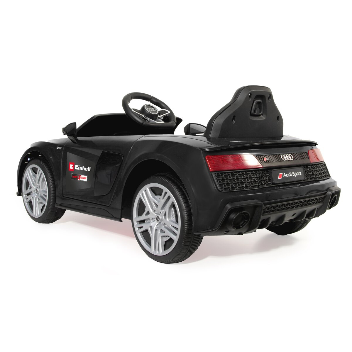 Schwarzes Spielzeugauto, Audi R8-Lookalike, Rückansicht. Isoliert auf weißem Hintergrund.