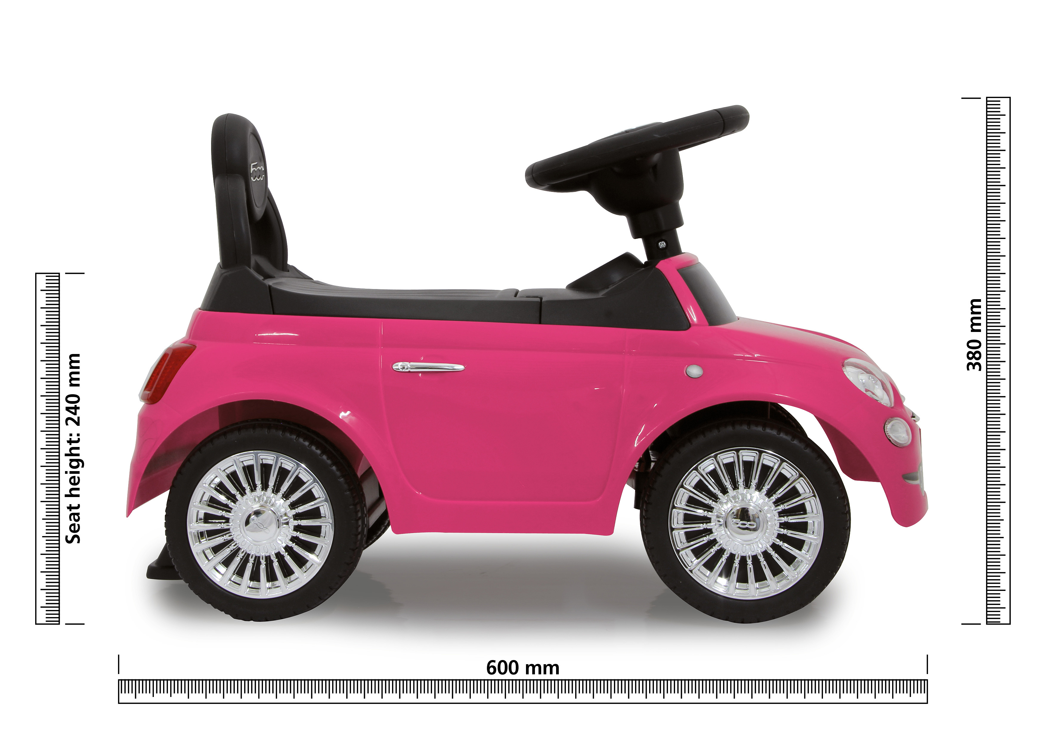 Macchina giocattolo rosa, Fiat 500, vista laterale. Misure: 600 mm lunghezza, 380 mm altezza. Sfondo bianco.