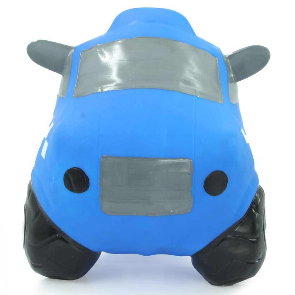 Blaues Spielzeugauto mit grauen Fenstern und schwarzen Rädern. Es sieht aus wie ein Cartoon-Auto.