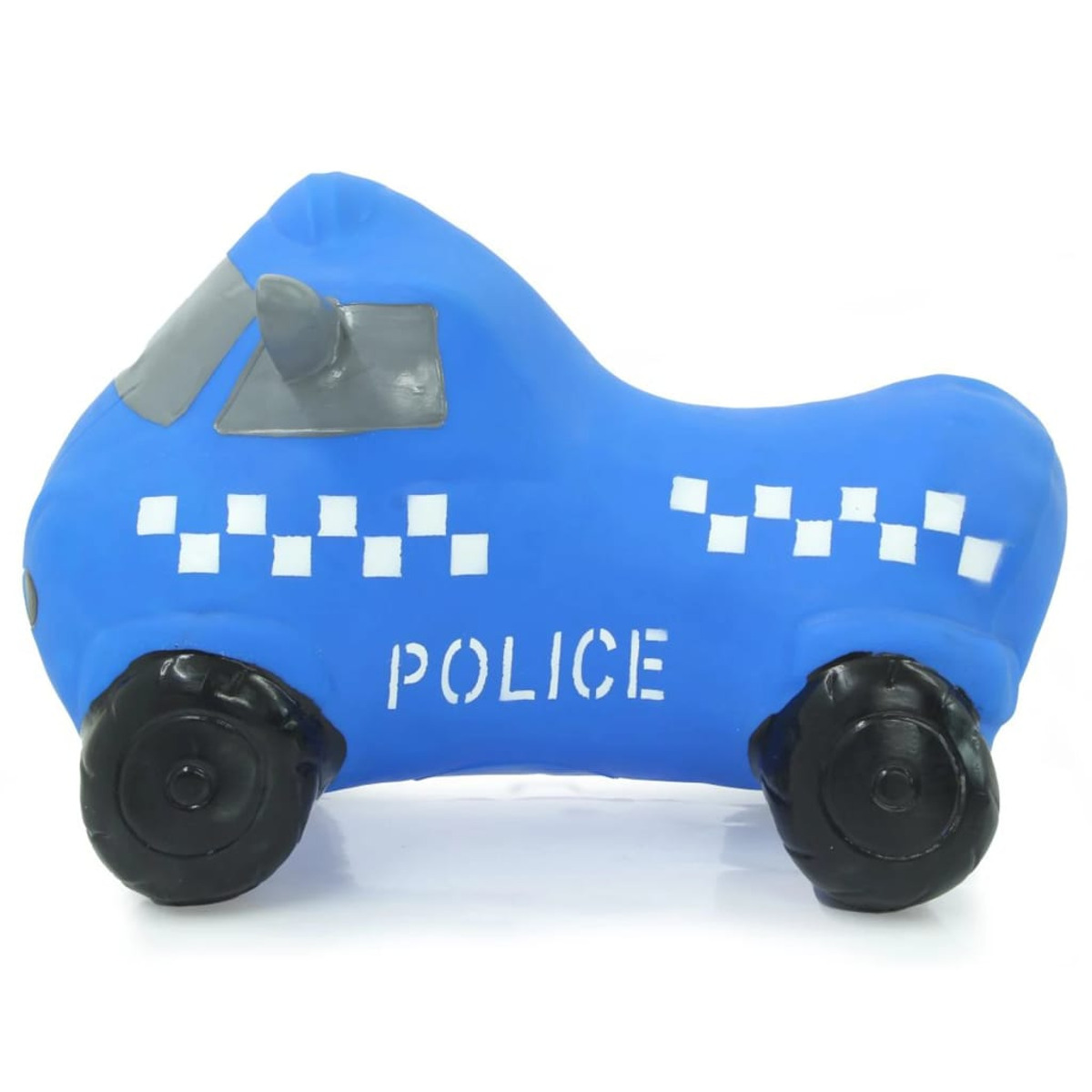 Blaues Spielzeugauto mit weißen Quadraten und dem Wort POLIZEI. Schwarze Räder, graue Fenster.