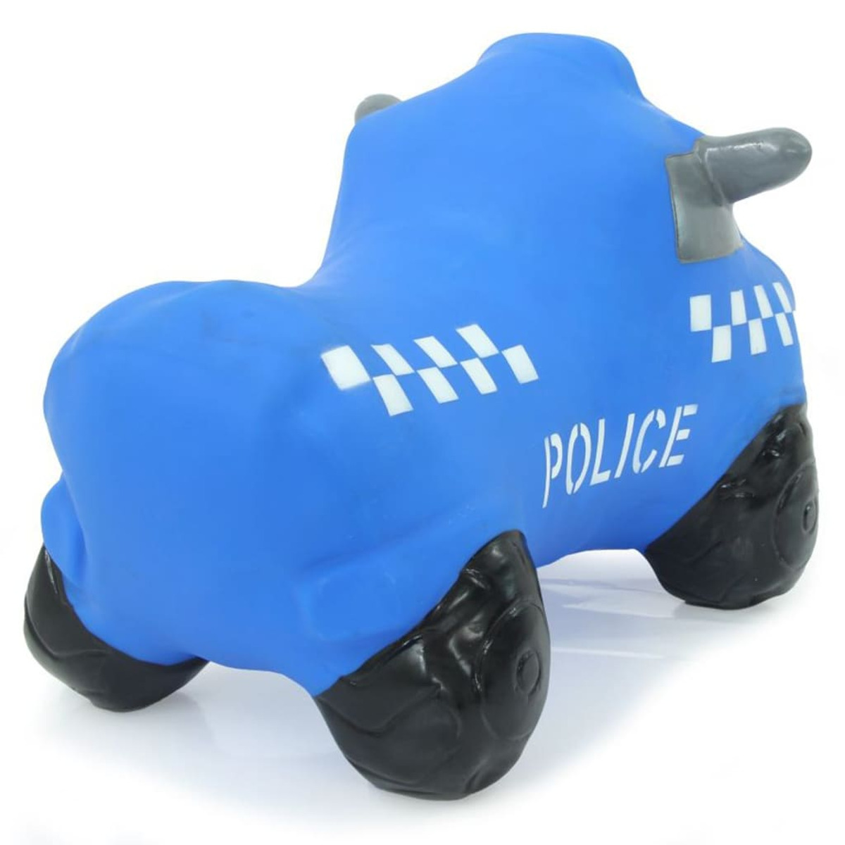 Blaues Spielzeugauto mit POLIZEI auf der Seite. Schwarze Räder, weißes Schachmuster.