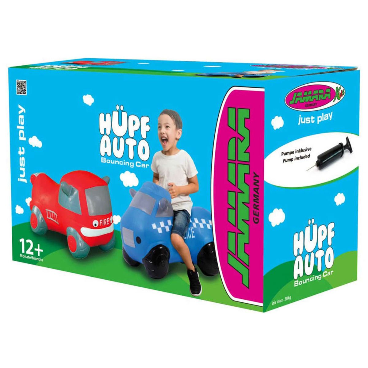 Box mit blauem Hintergrund, roten und blauen Autos, ein Junge fährt ein blaues Auto.