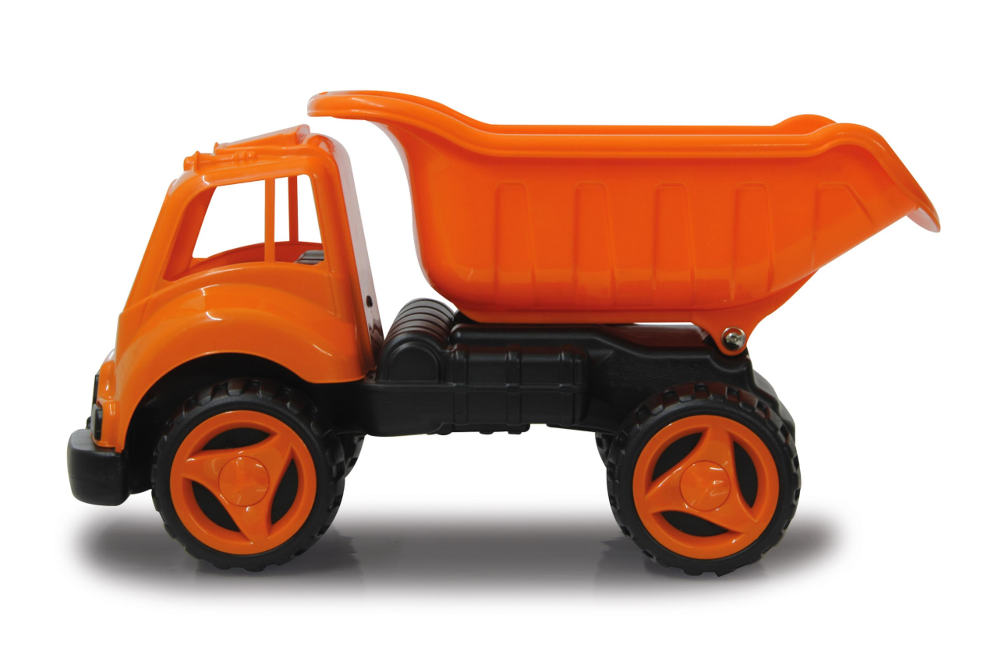 Orangener Spielzeugkipper auf weißem Hintergrund. Schwarze Räder und Fahrgestell.