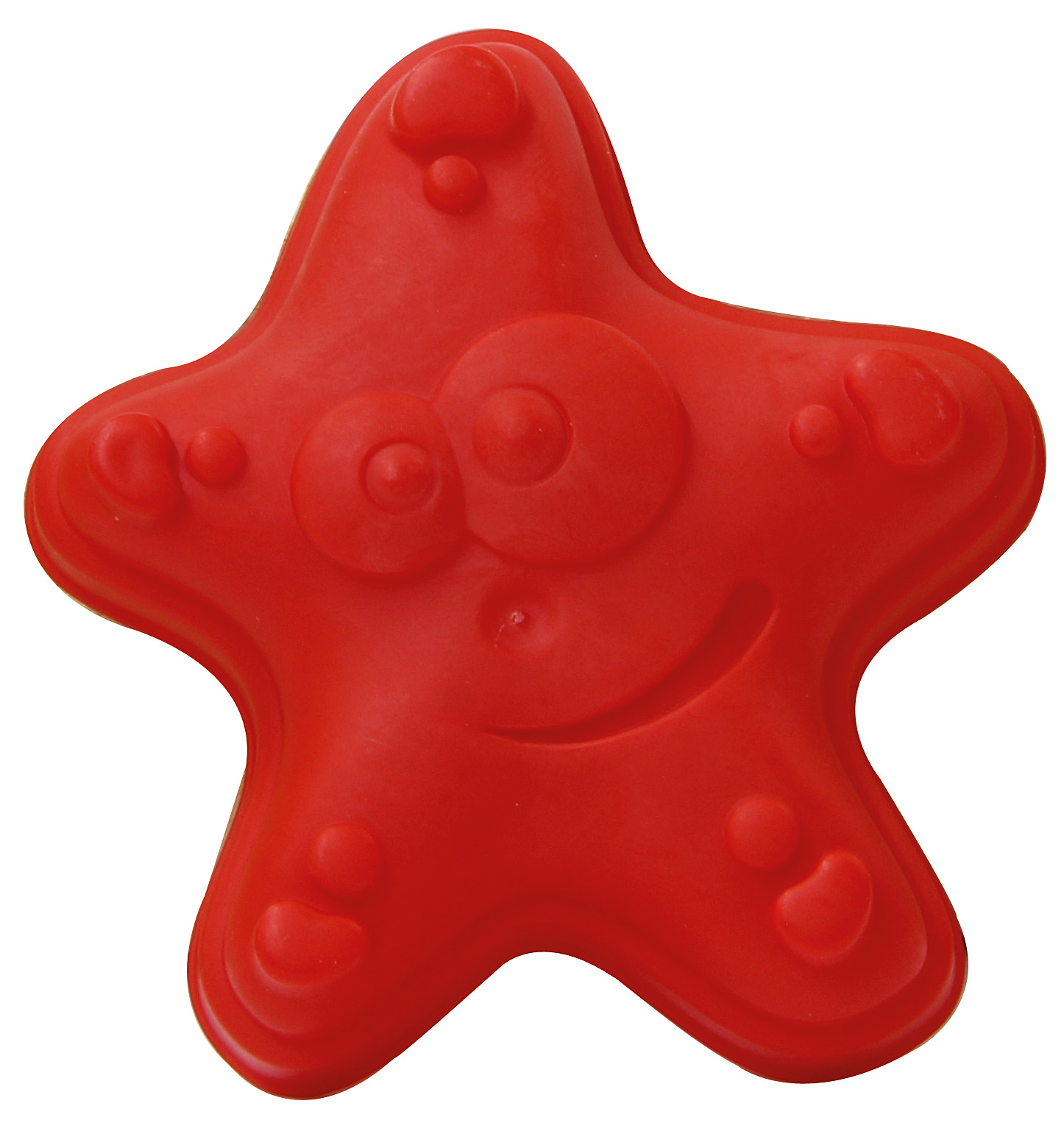Czerwona zabawka rozgwiazda z uśmiechniętą twarzą. Posiada oczy i kropki na każdym ramieniu.