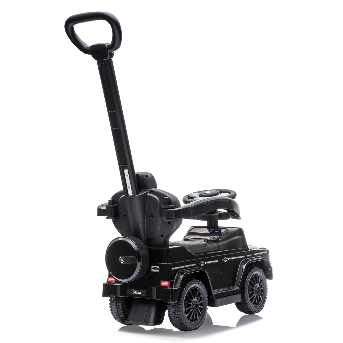 Schwarzes Spielzeugauto mit Schiebegriff. Es hat Räder und einen Sitz, Rückansicht.