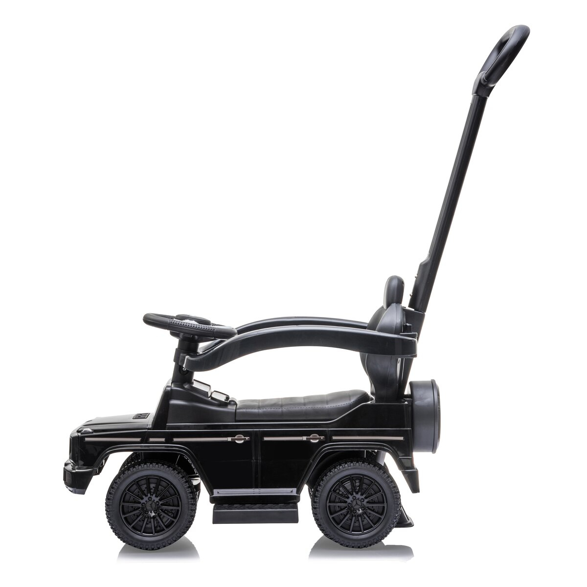 Schwarzes Spielzeugauto mit Schiebegriff. Es hat Räder und einen Sitz, Seitenansicht.