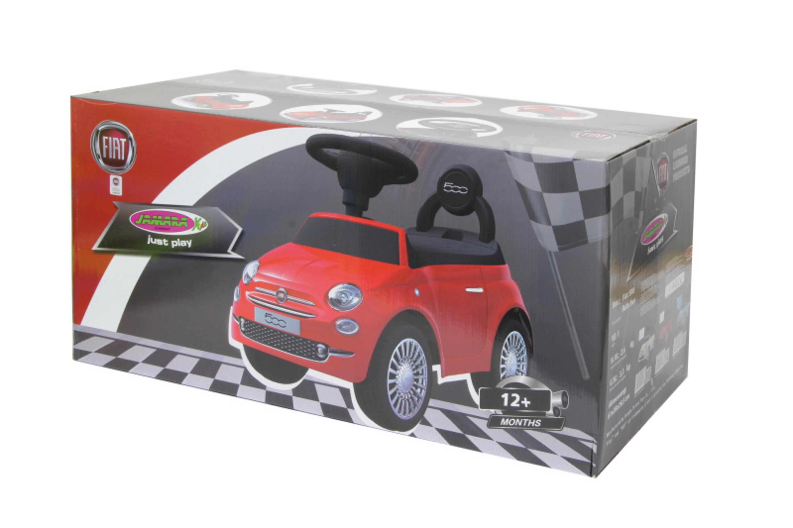 Rotes Spielzeugauto in einer Box mit Text und einer Zielflagge. Weißer Hintergrund.