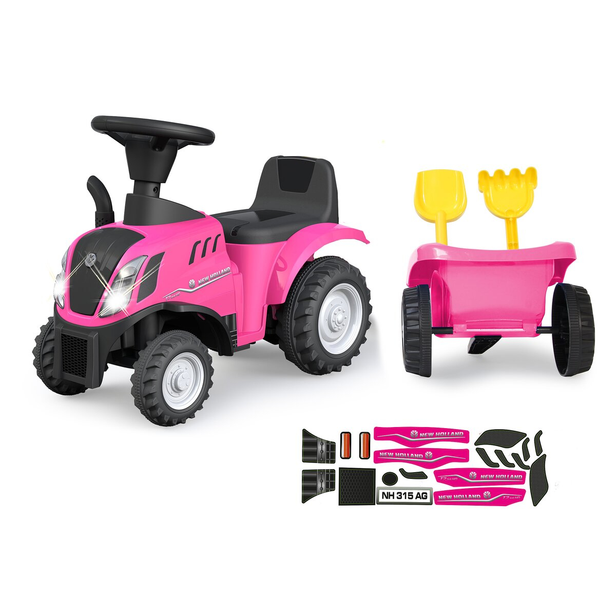 Tractor de juguete rosa con remolque y pegatinas. Fondo blanco.