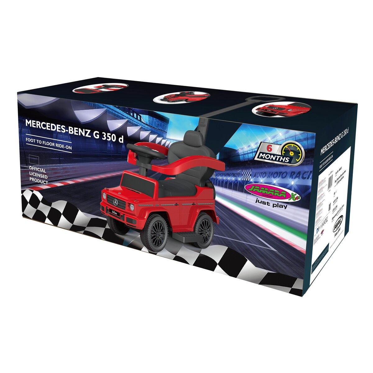 Ein rotes Mercedes-Benz G 350 d Spielzeugauto befindet sich in einer Box mit Rennstreckendesigns.