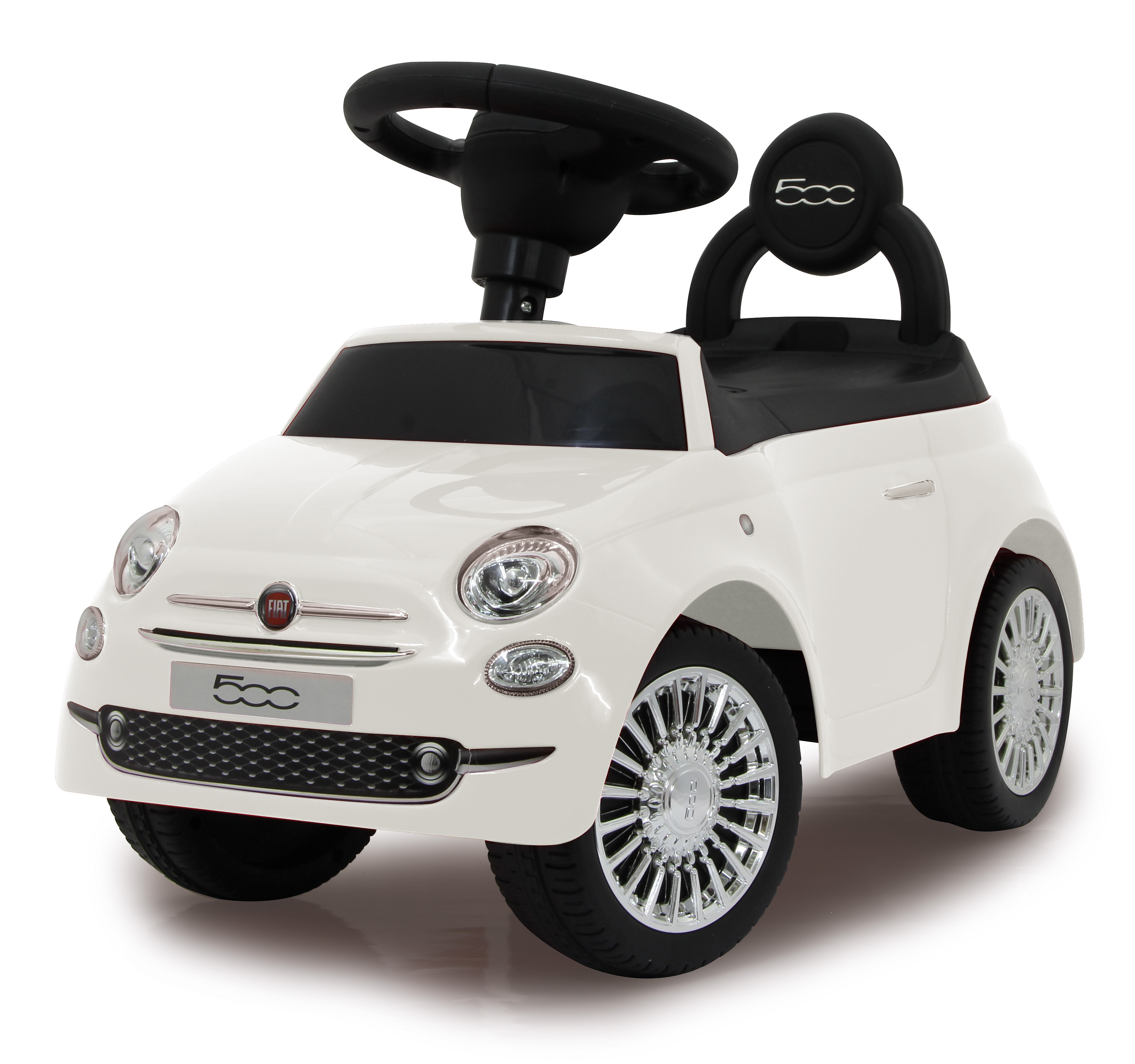 Weißes Spielzeugauto mit schwarzem Lenkrad. Das Auto hat ein "500" Logo. Es ist eine Seitenansicht des Autos.