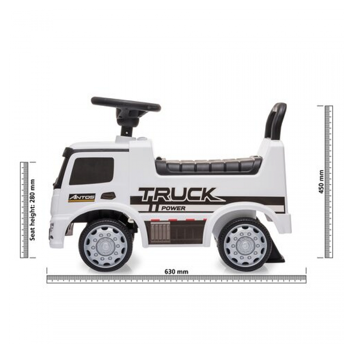 Biała ciężarówka zabawka z czarnymi akcentami i pomiarami po obu stronach.
