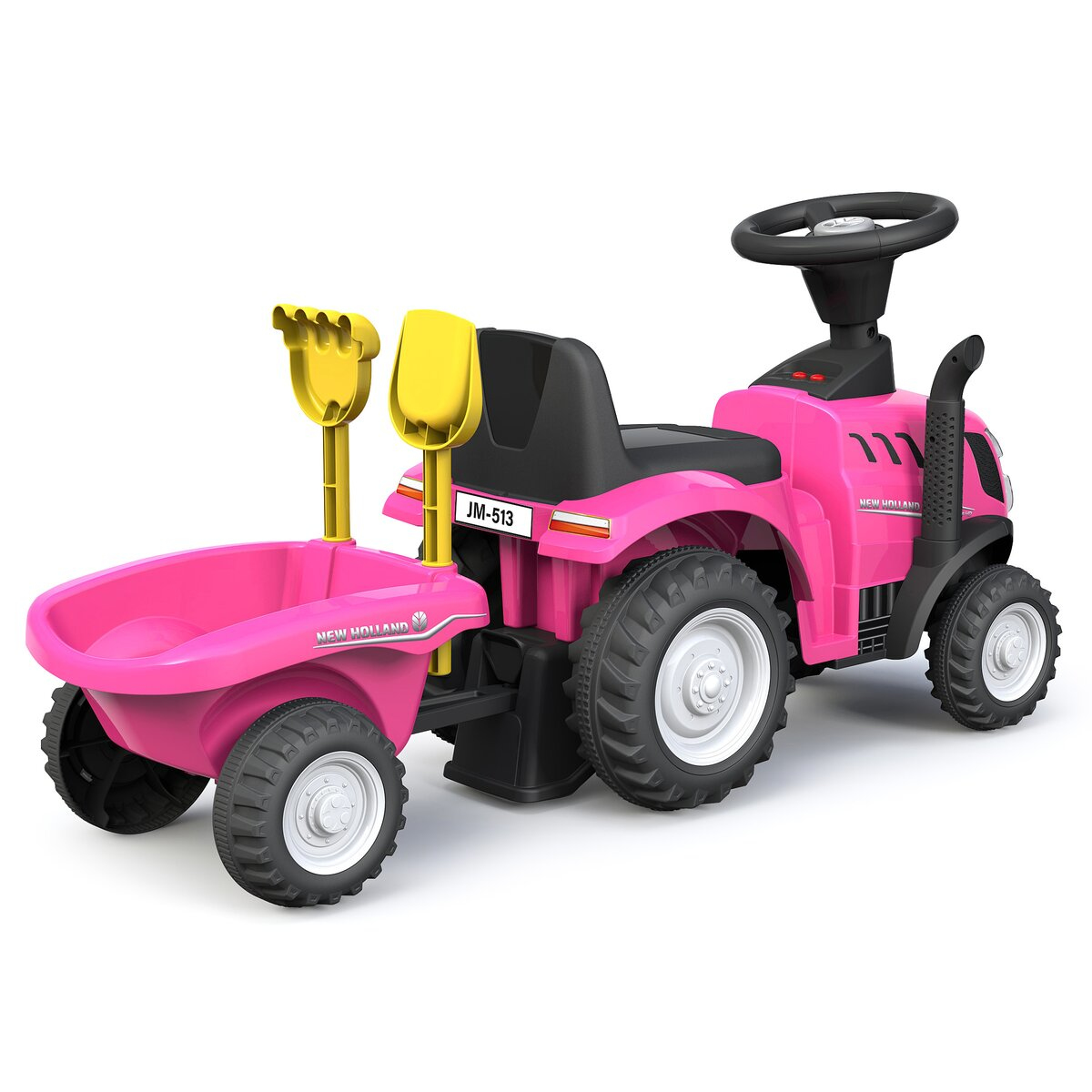 Un tractor de juguete rosa con remolque, dos herramientas amarillas y asiento negro. Fondo blanco.