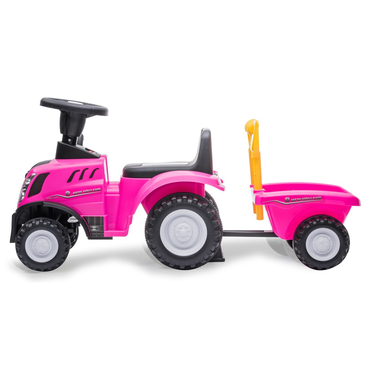 Tractor de juguete rosa con remolque. Tiene volante y faros. Una pala amarilla está unida al remolque.